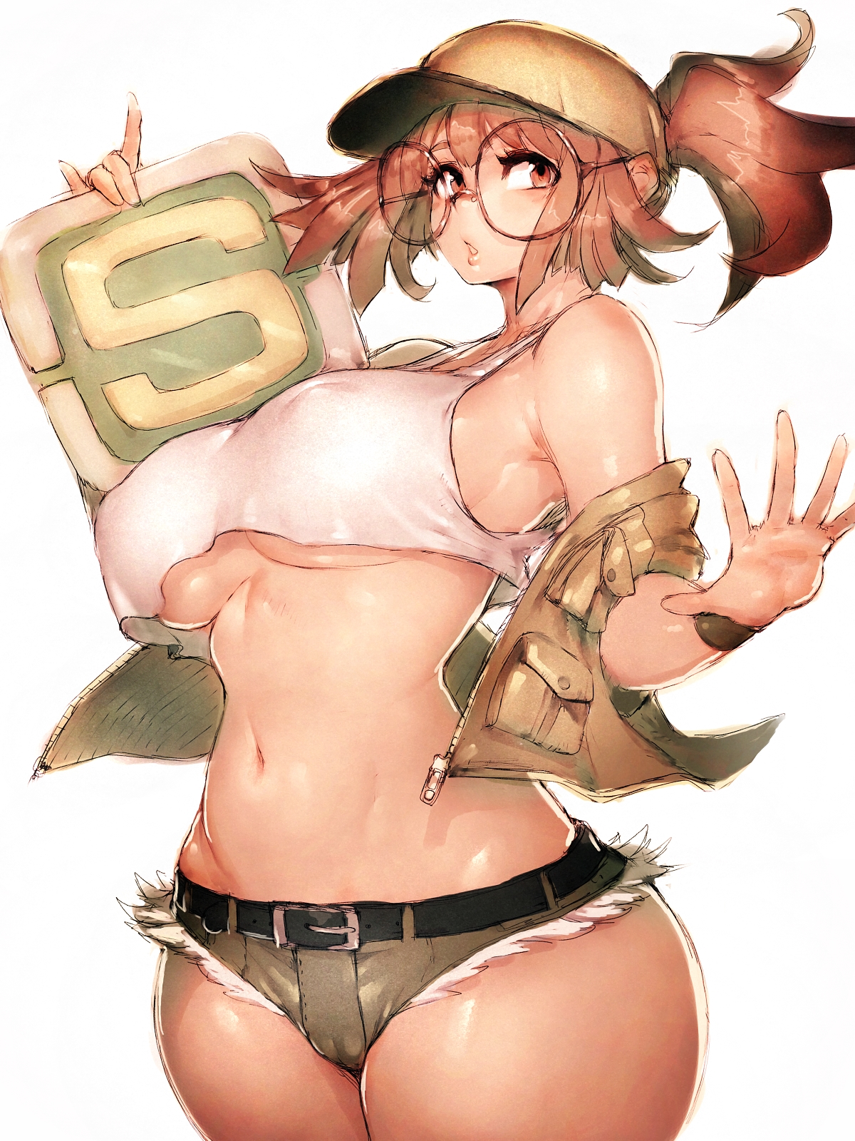 1girls, breasts, brown hair, female, female focus, female only, fio germi, fumio (rsqkr), glasses, huge breasts, huge thighs, light skin, light-skinned female, looking at viewer, low cut top, metal slug, pale skin, pale-skinned female, short shorts, simple background, solo, solo female, solo focus, thick thighs, underboob, wide hips