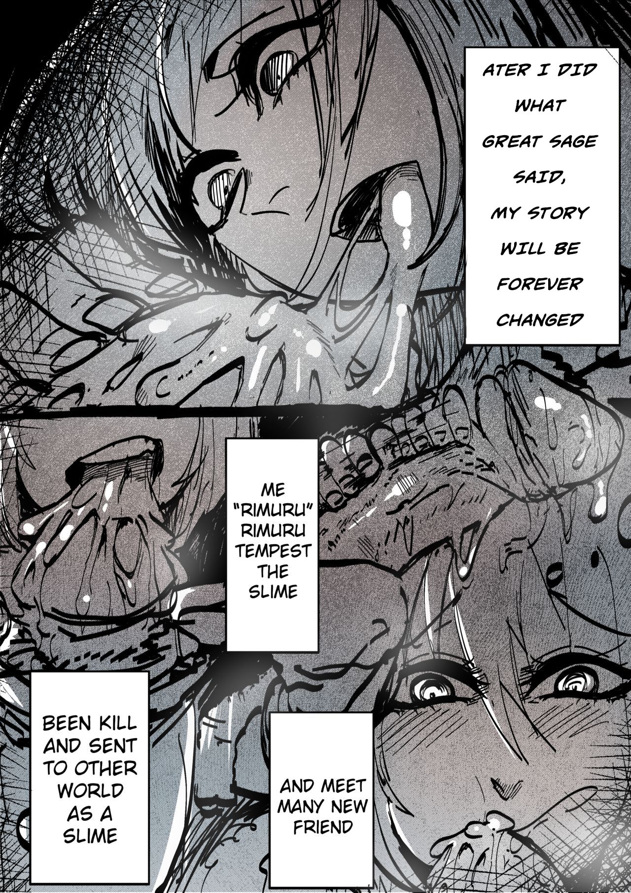 2boys, big penis, black and white, comic, cum, cum in mouth, dripping, dripping cum, ejaculation, gay, goblin, goblin male, green (artist), hobgoblin, large penis, licking, male, male only, manga, oral, oral sex, penis, rigurd, rimuru tempest, tensei shitara slime datta ken, text, thick penis, tongue, tongue out, trap, yaoi