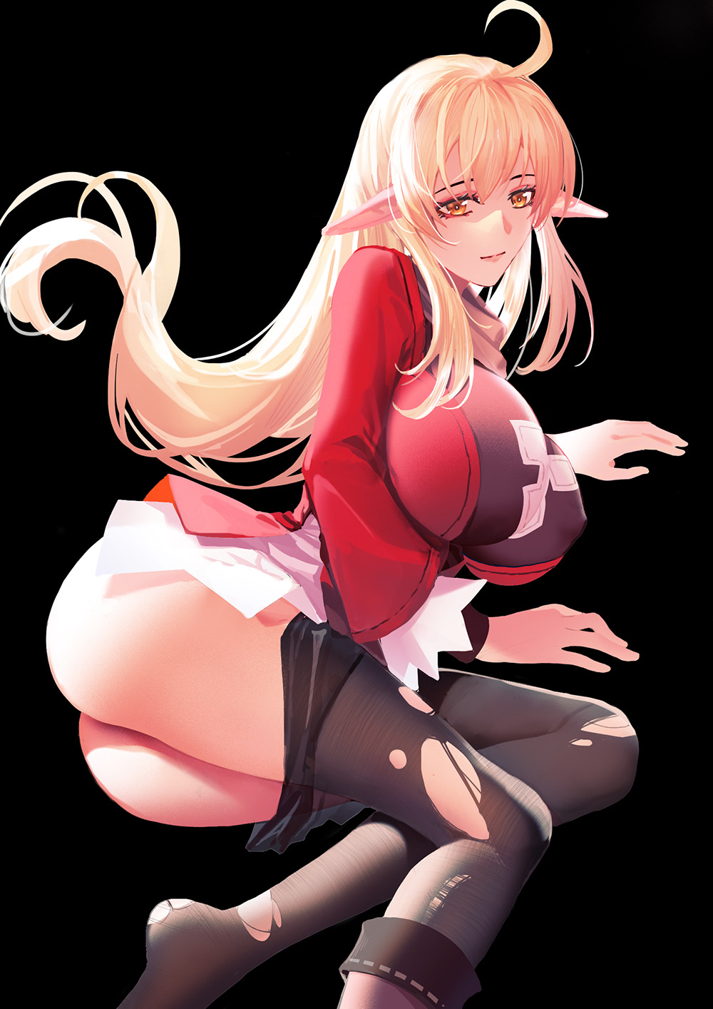 adult, aged up, ashui ku, ass, big breasts, blonde hair, breasts, female, genshin impact, hi res, klee (genshin impact), nipple bulge, pantyhose, pointy ears, red eyes, thick ass, thick thighs, thighs, tight clothing, torn pantyhose