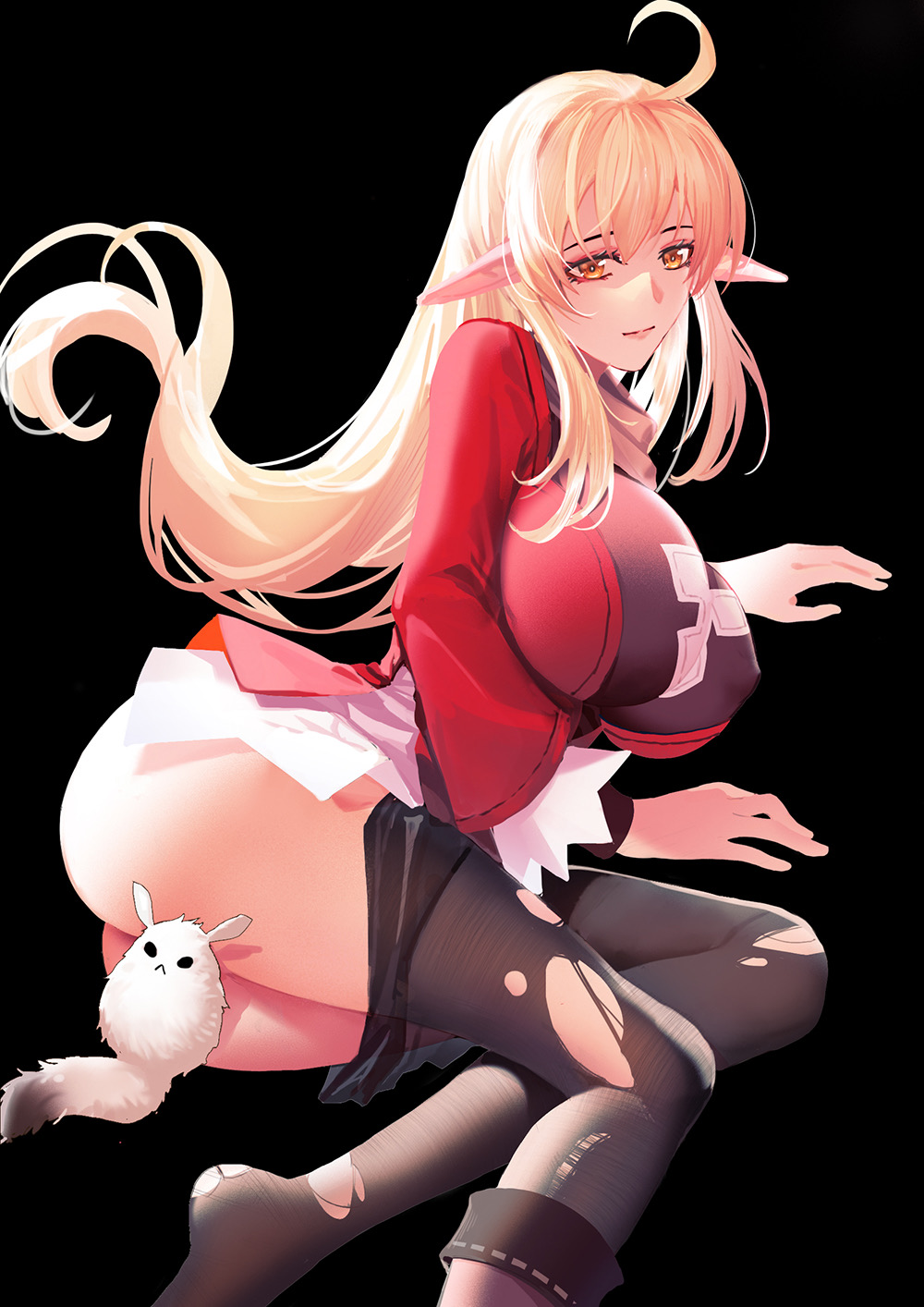 adult, aged up, ashui ku, ass, big breasts, blonde hair, breasts, dodoco (genshin impact), female, genshin impact, hi res, klee (genshin impact), nipple bulge, pointy ears, red eyes, thick ass, thick thighs, thighhighs, thighs, tight clothing, torn thighhighs