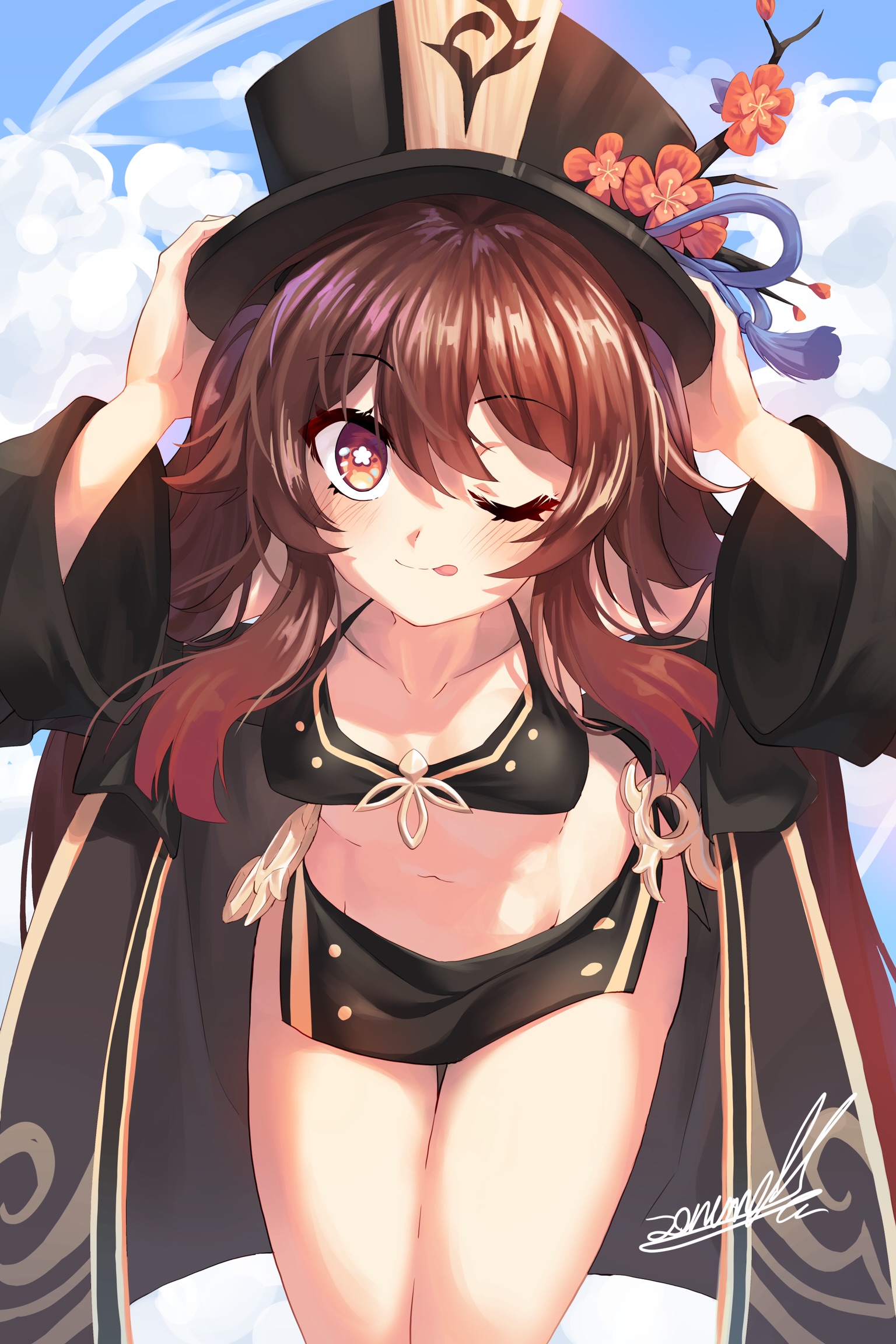 1girls, bikini, blush, breasts, brown hair, female, genshin impact, hu tao (genshin impact), navel, nipple bulge, red eyes, small breasts, swimsuit, thick thighs, thighs, tongue, tongue out, twintails, wink, zonunoll