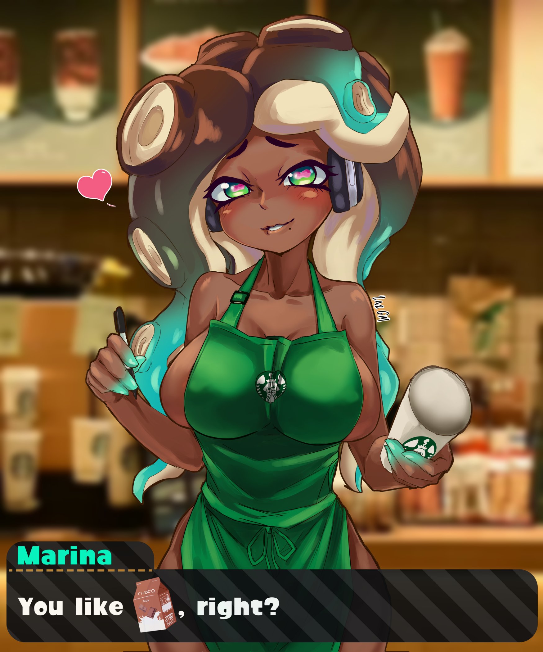 alternate breast size, apron, apron only, beauty mark, blue nails, blush, breast milk, breasts, brown hair, chocolate milk, cute, cyan hair, dark skin, dark-skinned female, english text, erect nipples, eyelashes, female, female only, gm laz, green eyes, headphones, heart, holding cup, holding object, horny, iced latte with breast milk, large breasts, large penis, laz gm, long hair, looking at viewer, male, marina (splatoon), meme, nintendo, nipple bulge, nipples, octoling, off the hook (splatoon), penis, pink pupils, pov, seductive smile, small waist, smile, splatoon, splatoon 2, starbucks, tentacle hair, voluptuous, wide hips