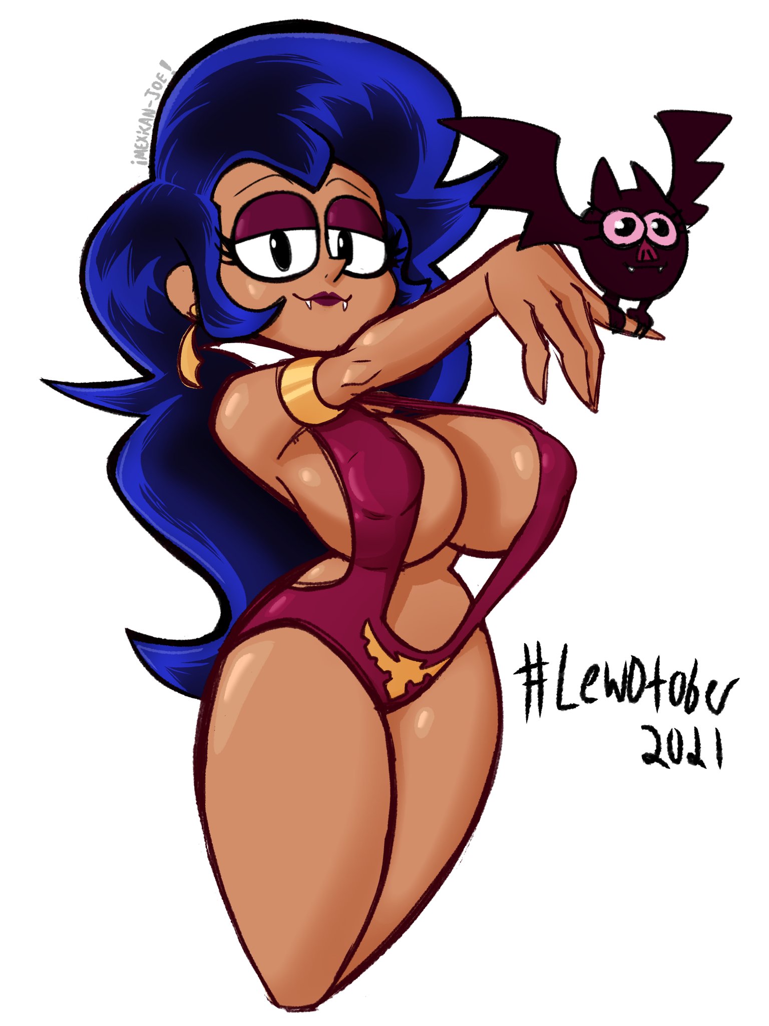 1girls, 2020s, 2021, about to burst, barely contained, barely contained ass, barely contained breasts, barely fits, bat, black eyes, blue hair, breasts, breasts too big, brown body, brown skin, bursting breasts, cartoon network, cleavage, dark skin, dark-skinned female, dynamite comics, fangs, female, female focus, female only, imminent wardrobe malfunction, long hair, mexicanjoe, nipple bulge, ok k.o.! let's be heroes, purple eyeshadow, purple lips, purple lipstick, revealing clothes, thick thighs, thighs, tight fit, too tight, undersized clothes, undersized clothing, vampire, vampirella (cosplay), vampirella (series), white background, wide hips, wilhamena