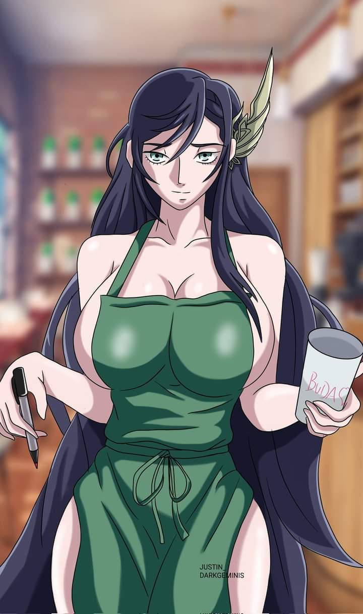 1girls apron big_breasts blue_eyes brunhild_(shuumatsu_no_valkyrie) child_bearing_hips dark_hair hair_ornament iced_latte_with_breast_milk justin_darkgeminis looking_at_viewer meme record_of_ragnarok shuumatsu_no_valkyrie shy shy_smile