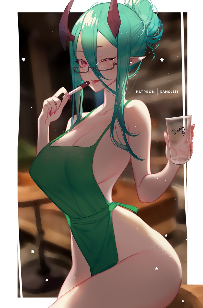 1girls apron big_breasts breasts cleavage female female_only iced_latte_with_breast_milk large_breasts looking_at_viewer meme naked_apron nanoless original original_character serena_(nanoless) solo starbucks succubus succubus_horns