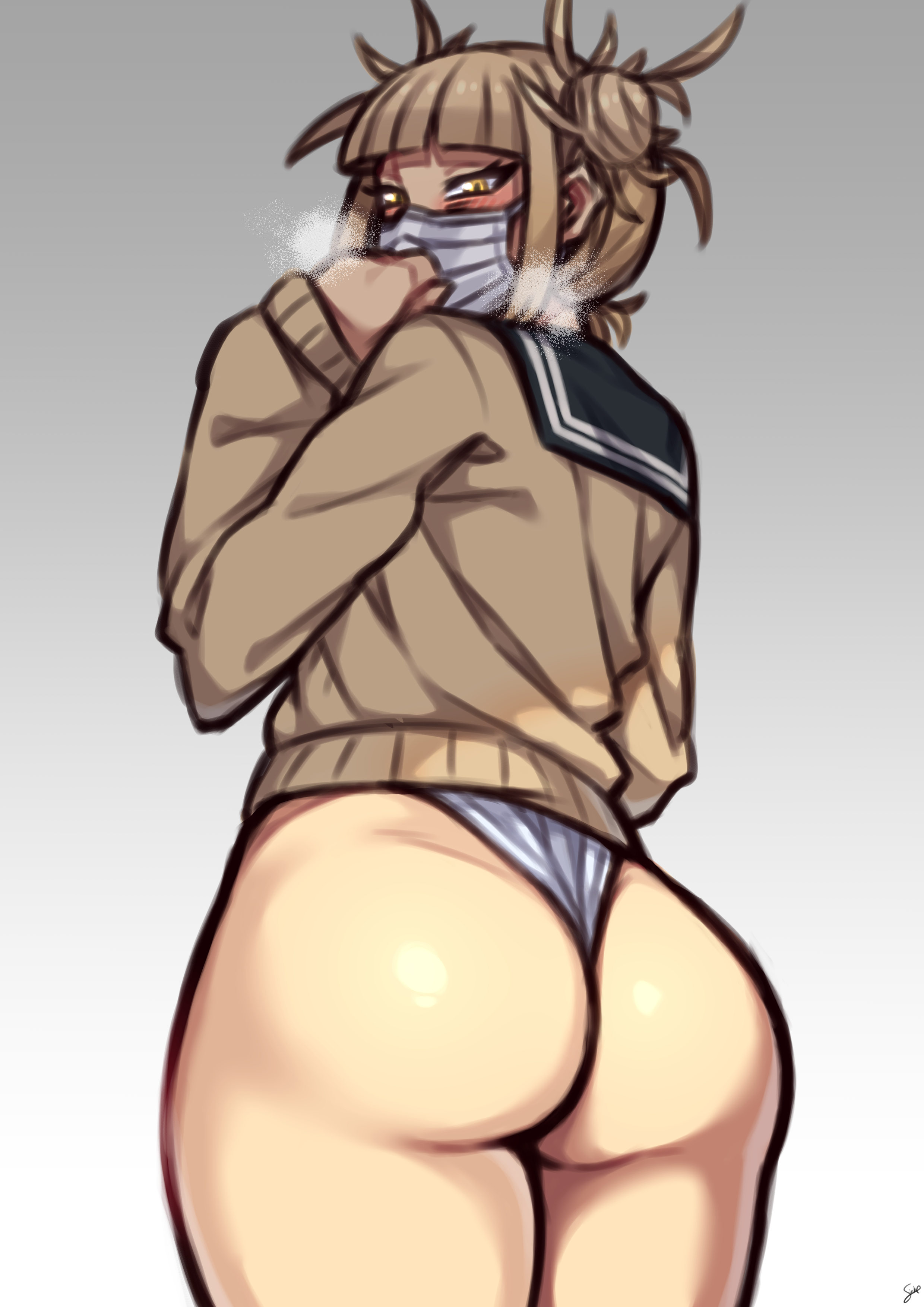 1girls, ass, ass focus, big ass, big butt, blonde hair, blonde-haired female, bubble ass, bubble butt, coffeelove68, cowboy shot, female, female only, himiko toga, looking at viewer, looking back, my hero academia, no pants, panties, school uniform, simple background, solo, standing, surgical mask, tagme, thick thighs, thighs, visible breath, wedgie, white panties