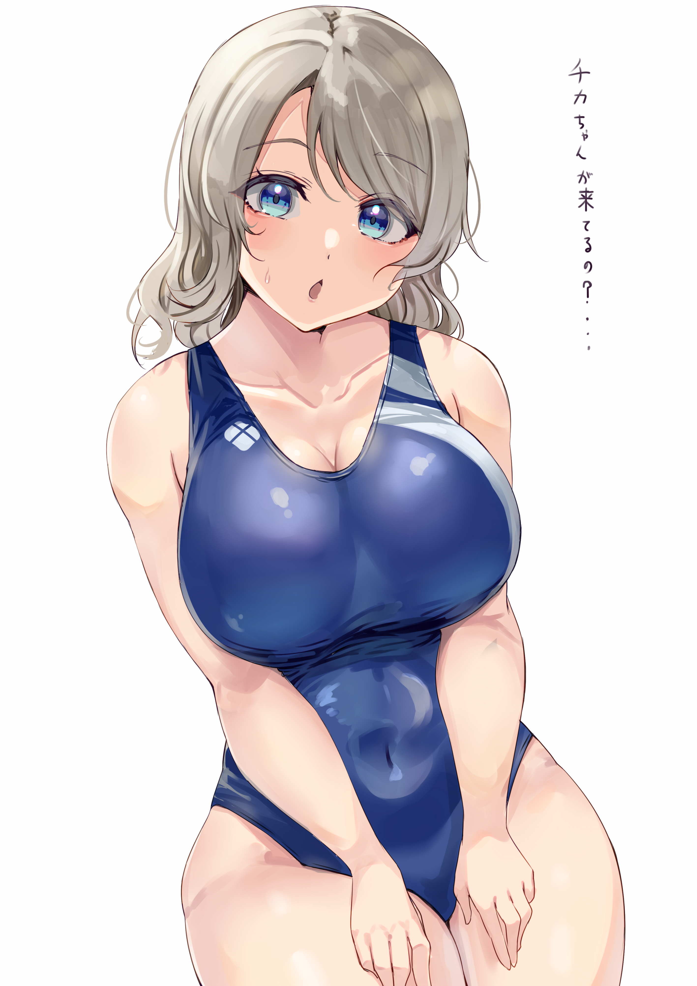 belly button, big breasts, big hips, blue eyes, breasts, confusion, female, green hair, hips, jacket, large breasts, love live!, love live! sunshine!!, mostly clothed, one-piece swimsuit, thick thighs, thighs, watanabe you, yamasonson
