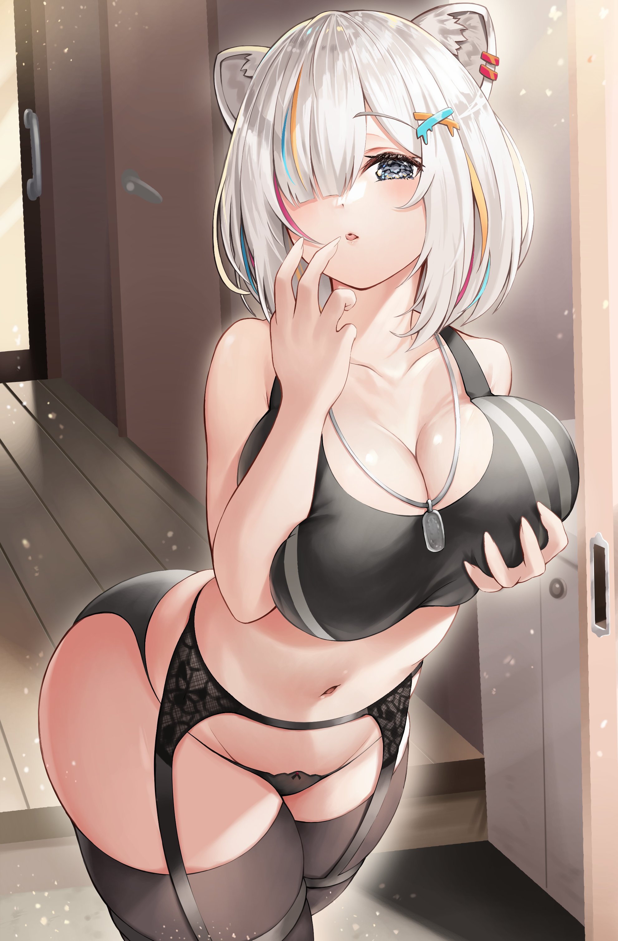 1girls, ass, belly button, big ass, big breasts, big thighs, black panties, breasts, cleavage, clothed, dog tags, female, female focus, female only, garter belt, grey eyes, grey hair, highres, holding breast, hololive, hololive gen 5, hololive japan, large breasts, licking fingers, lingerie, lion ears, multicolored hair, presenting breasts, roina, shishiro botan, simple background, squished breasts, thick thighs, thighhighs, virtual youtuber, wide hips