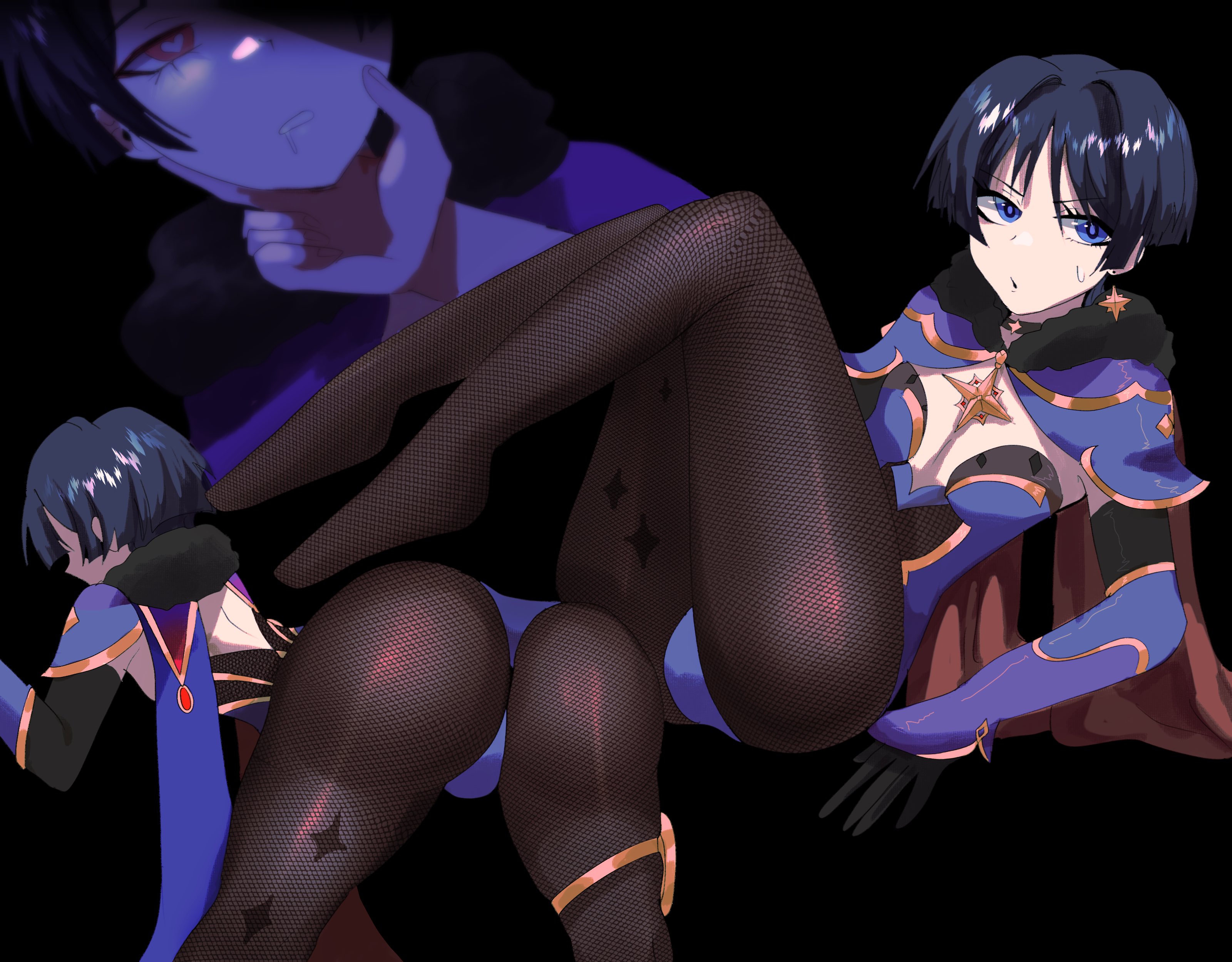 1boy, 2021, absurd res, armpits, ass, bent over, big ass, black background, black gloves, black hair, blue eyes, bulge, chin grab, clothed, clothing, cosplay, crossdressing, detached sleeves, dimansfw, drooling, earrings, elbow gloves, featureless feet, feet, femboy, full body, fur trim, genshin impact, gloves, heart, heart-shaped pupils, highres, jewelry, leaning back, leotard, male, male only, mona (genshin impact) (cosplay), multiple views, pantyhose, purple clothing, scaramouche (genshin impact), short hair, simple background, sitting, strapless, strapless leotard, thick thighs, thigh strap, thighs