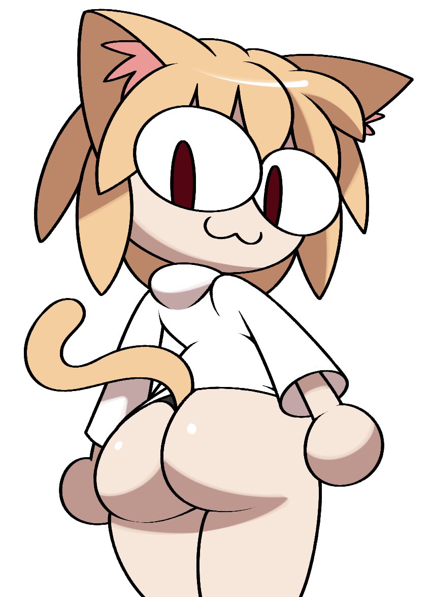 :3, 1girls, 2d, animal ears, ass, ass crack, ass focus, back view, big ass, big butt, blonde hair, bottomless, bubble ass, bubble butt, butt crack, carnival phantasm, cat ears, cat girl, cat tail, catgirl, eye contact, female, female only, huge ass, looking at viewer, looking back, melty blood, mob face, monster girl, neco-arc, red eyes, short hair, shortstack, simple background, smaller female, solo, solo female, standing, sweater, tail, thick thighs, thighs, tsukihime, type-moon, vilepluff, white background, white shirt, wide hips