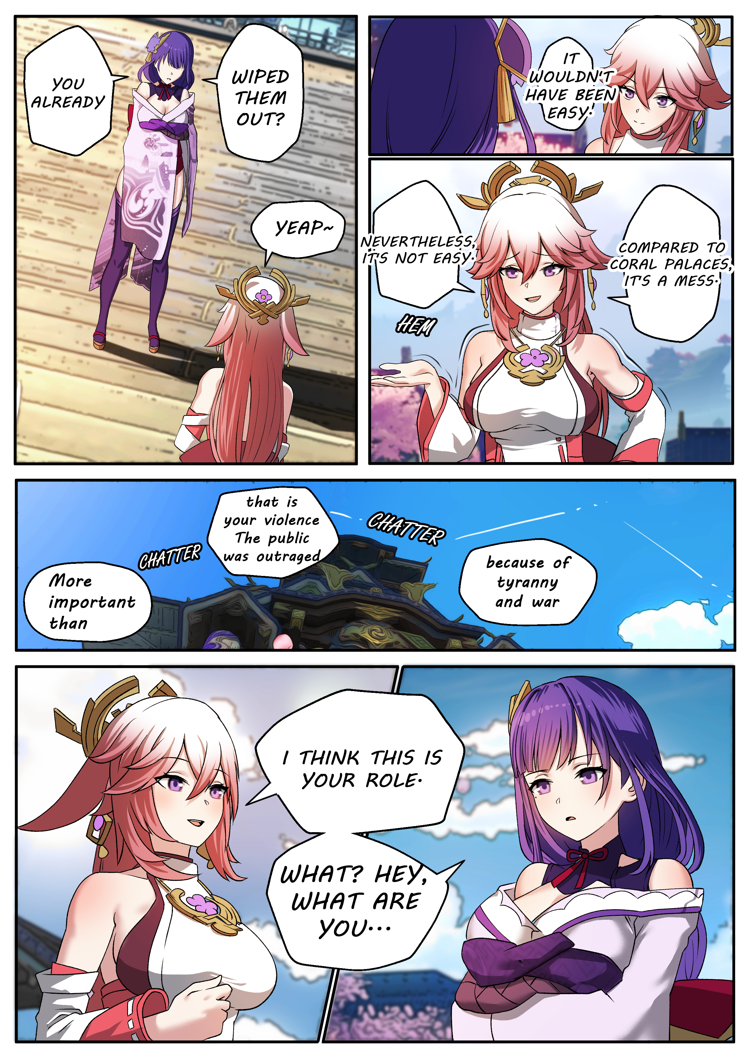 breasts, comic, doujinshi, english text, female, genshin impact, large breasts, manhwa, momo (wndqhr3426), raiden shogun, speech bubble, yae miko