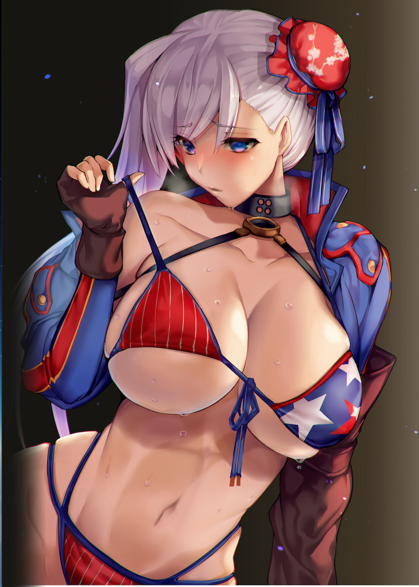 1girls big_ass big_breasts bikini bikini_top blue_eyes blush choker cleavage fate_(series) front-tie_bikini lingerie midriff miyamoto_musashi_(fate) panties satou_daiji star_bikini thick_thighs thin_waist tied_bikini white_hair wide_hips