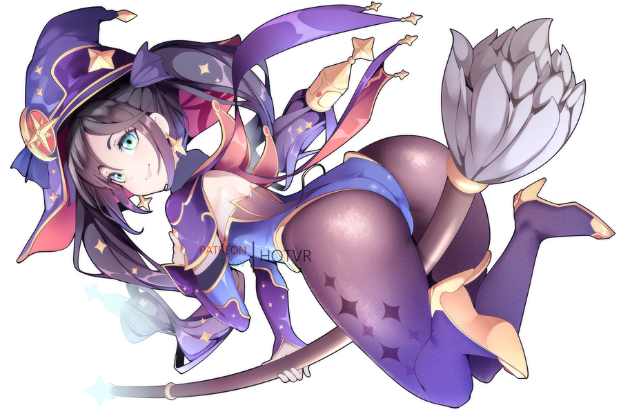 1girls, ass, ass focus, big ass, broom, broom riding, eye contact, female, genshin impact, hat, hotvr, leotard, looking at viewer, mona (genshin impact), pantyhose, purple eyes, purple hair, solo, thick thighs, thighs, white background, witch hat