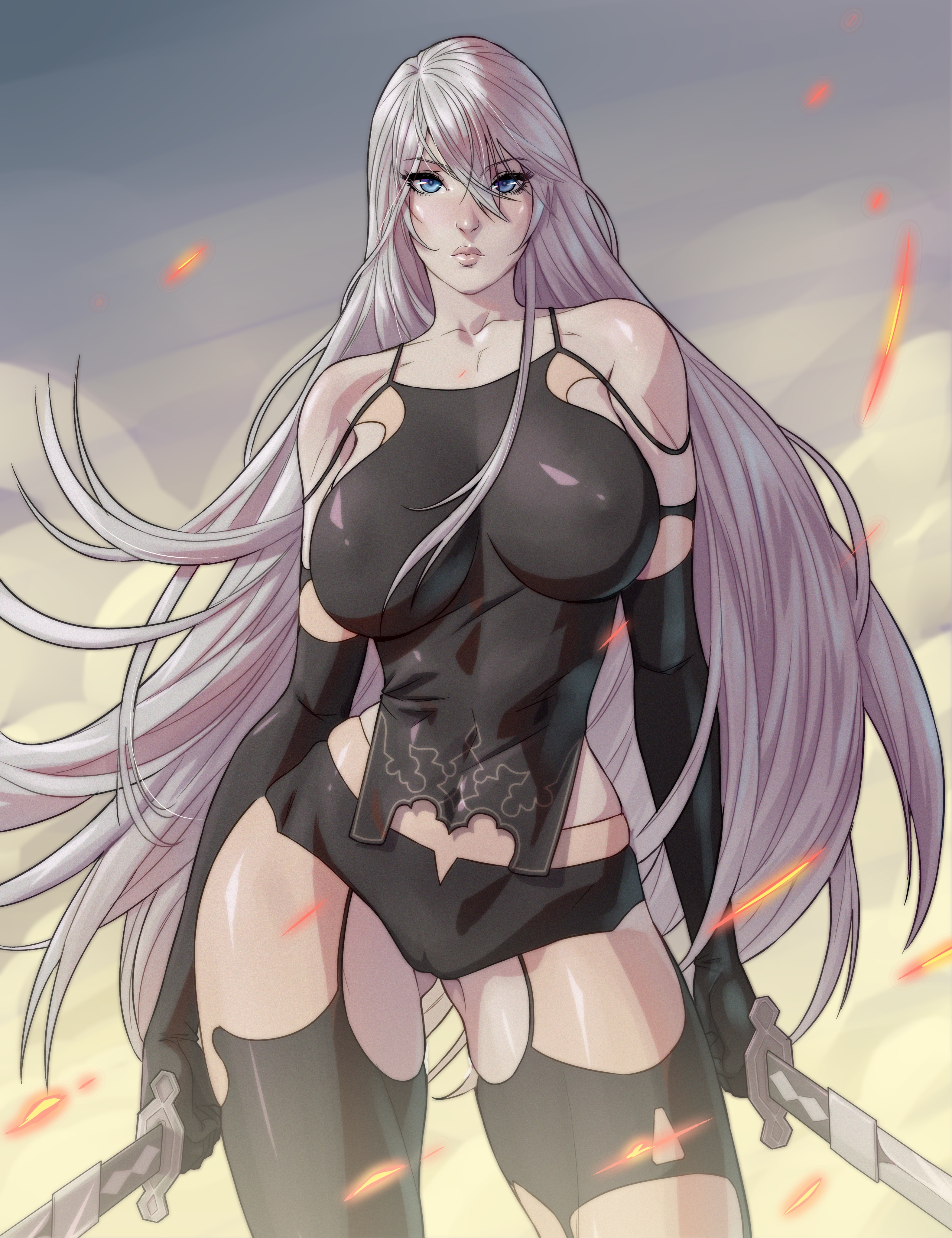 1girls, arttoru, black clothing, blue eyes, breasts, curvaceous, female, female only, fully clothed, hourglass figure, huge breasts, katana, large breasts, long hair, looking at viewer, nier: automata, see-through clothing, solo, thick thighs, weapon, weapons, white hair, yorha a2