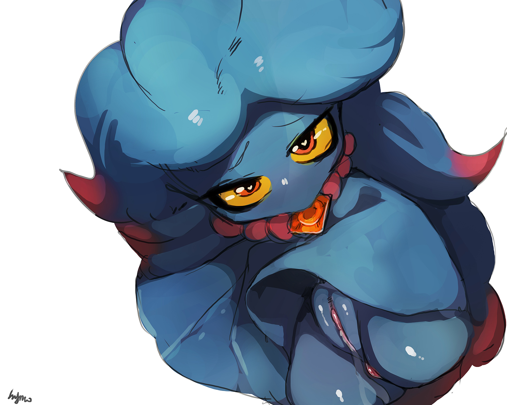 <3 eyes, 5:4, anus, ass, blue eyes, blue hair, blush, bodily fluids, clothing, digital media (artwork), female, genital fluids, genitals, ghost, hair, heart, hi res, jewelry, menyang, misdreavus, my700, necklace, nintendo, nude, pokemon, pokemon (species), pussy, pussy juice, red eyes, simple background, solo, spirit, upskirt, video games, white background, yellow sclera