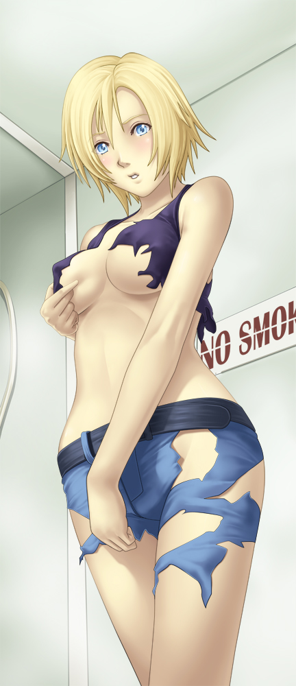 artist_request aya_brea belt blonde_hair blue_eyes blush breasts deep_rising nipples parasite_eve parasite_eve_the_3rd_birthday short_shorts shorts thor_(deep_rising) torn_clothes