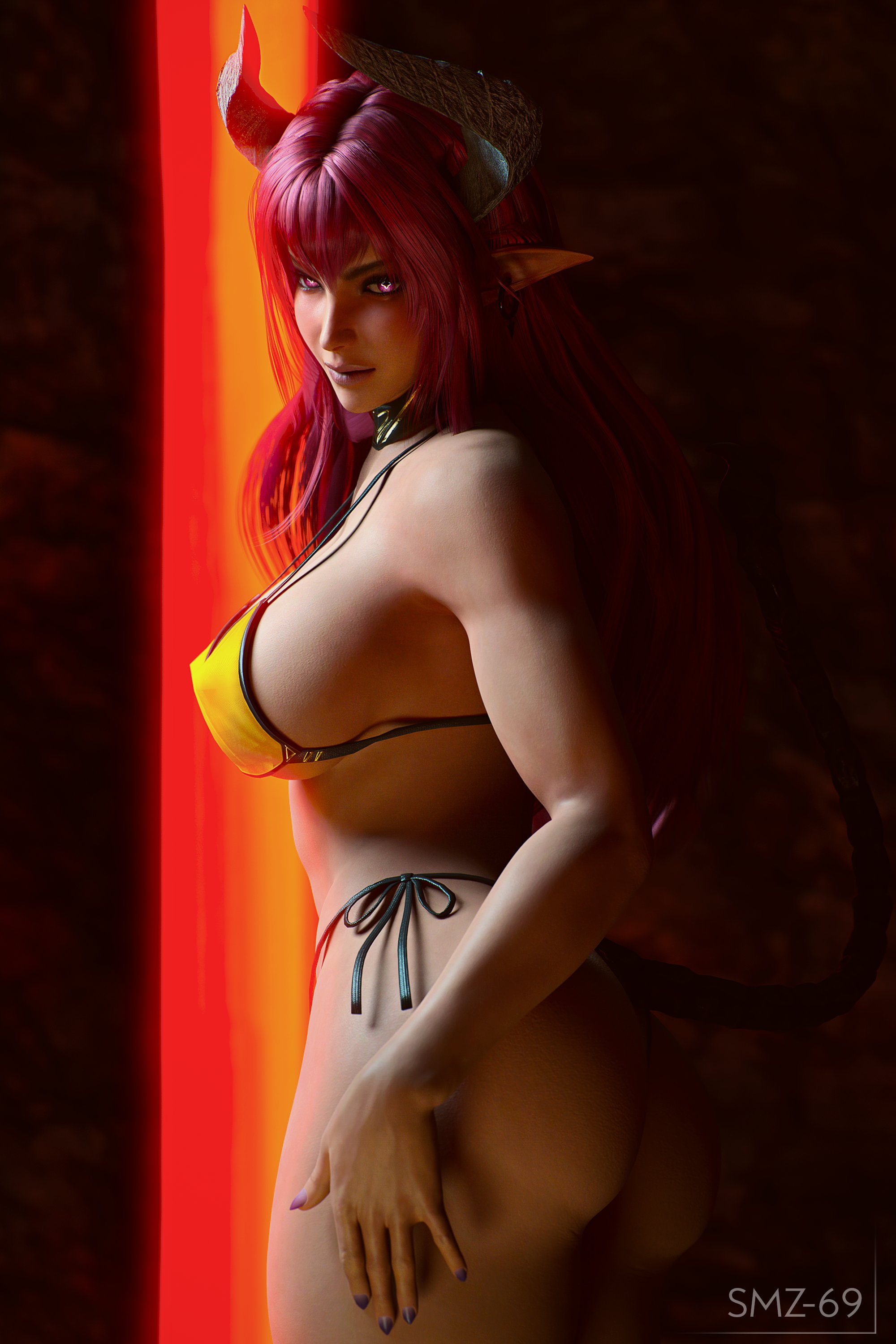 1girls, 3d, ass, big ass, big breasts, breasts, demon, demon girl, female, female only, horns, large breasts, original character, sinia, smz-69, solo, succubus, succubus horns, succubus tail