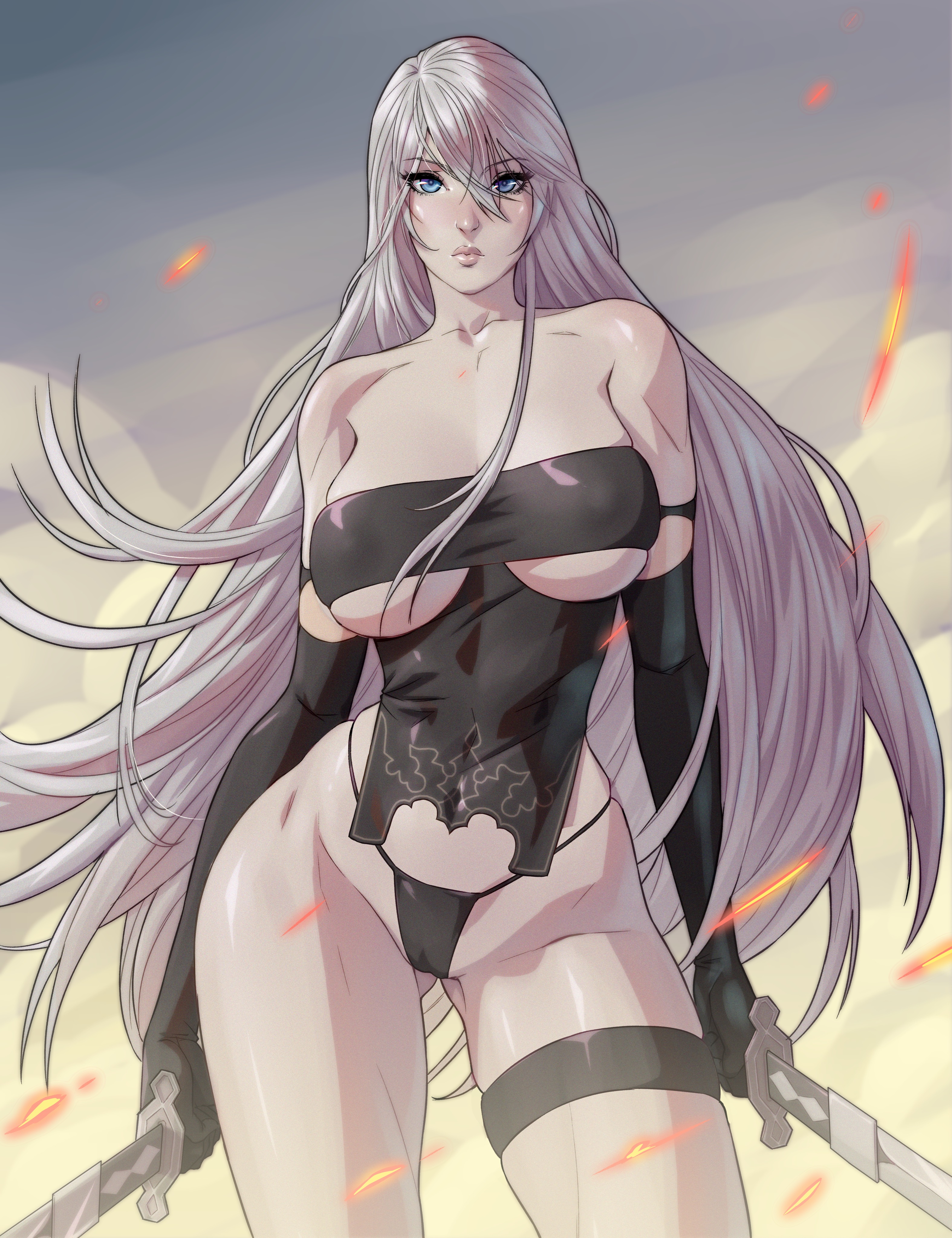 1girls, arttoru, breasts, curvaceous, female, female only, hourglass figure, huge breasts, nier: automata, solo, thick thighs, yorha a2