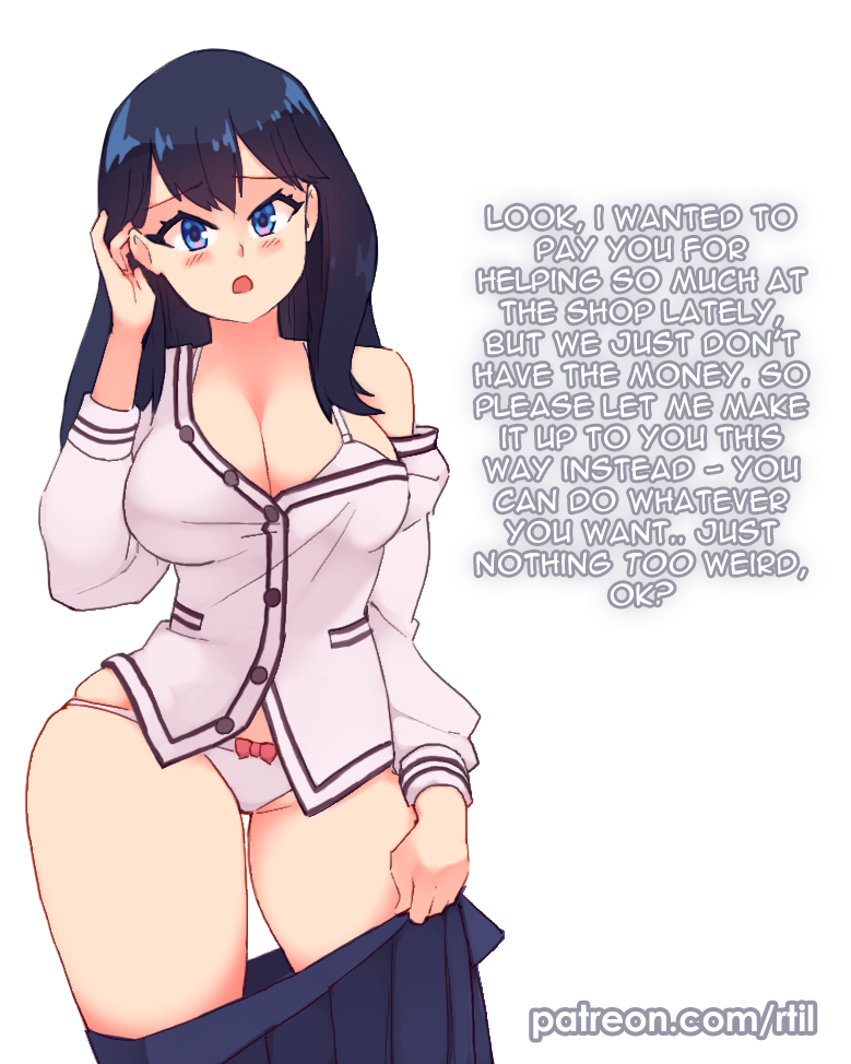1girls, big breasts, black hair, blue eyes, breasts, eye contact, female, large breasts, long hair, looking at viewer, panties, rtil, school uniform, ssss.gridman, standing, takarada rikka, text, thick thighs, thighs, undressing, white background