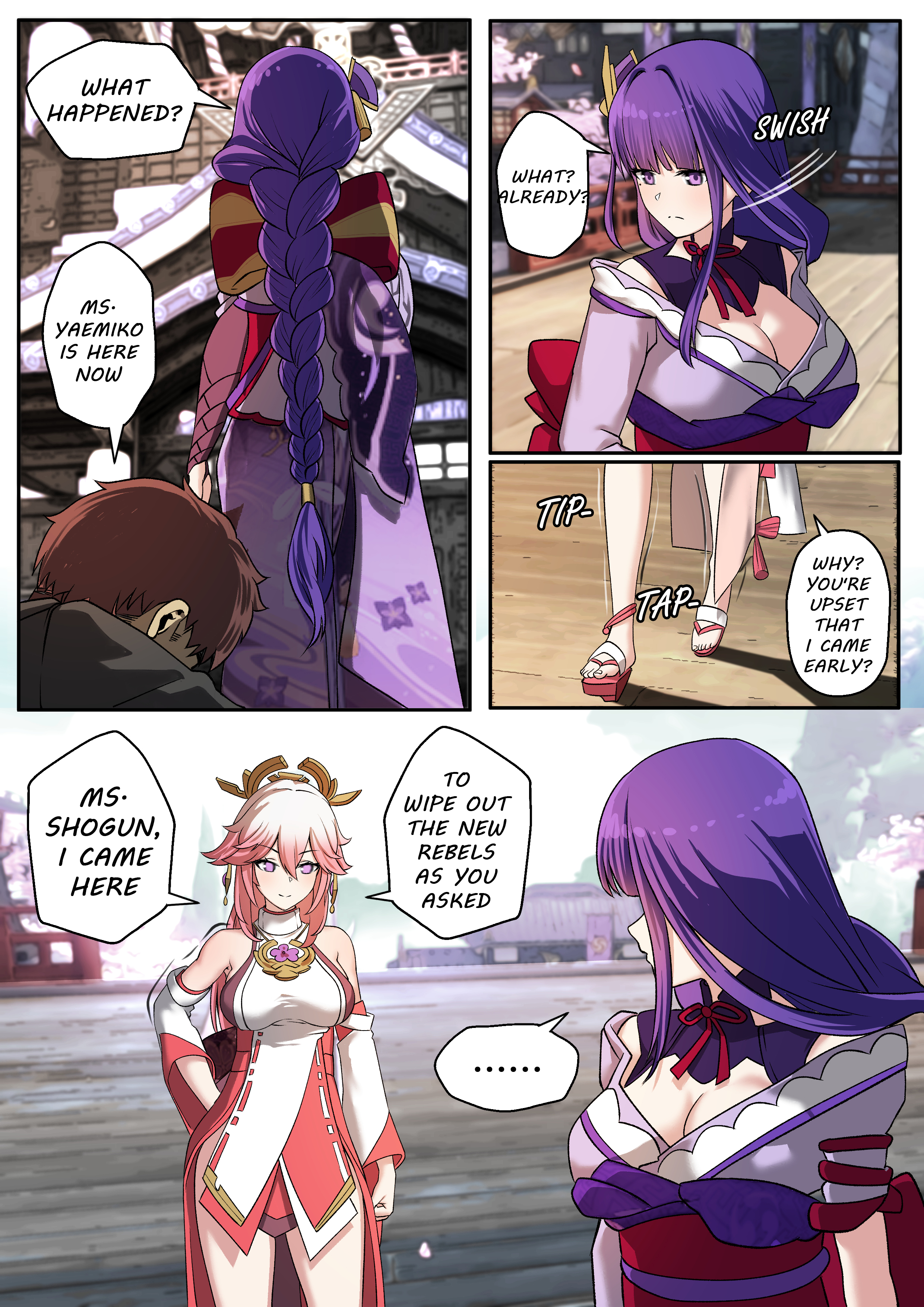 breasts, comic, doujinshi, english text, female, genshin impact, large breasts, manhwa, momo (wndqhr3426), raiden shogun, speech bubble, yae miko