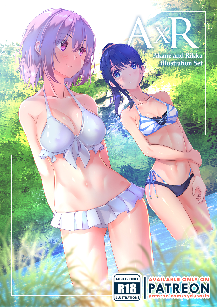 2girls adult_swim artist_name bikini blue_eyes breasts gridman_universe highres large_breasts layered_bikini medium_breasts multiple_girls navel patreon_username ponytail purple_eyes shinjou_akane short_hair ssss.gridman swimsuit swimwear sydus takarada_rikka thigh_gap toonami water white_bikini