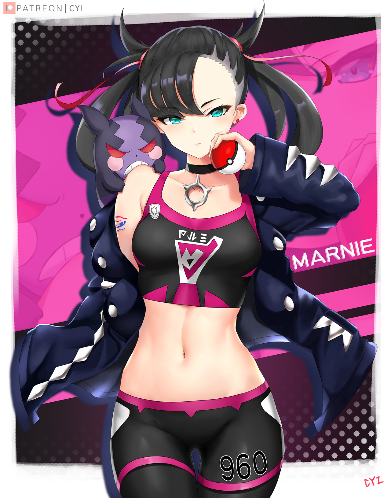 asymmetrical hair, bare shoulders, black choker, black hair, black jacket, blush, breasts, choker, closed mouth, clothing, cowboy shot, cyicheng, earrings, eyebrows visible through hair, female, female only, green eyes, gym clothes, hair between eyes, hair ornament, high resolution, holding, holding object, jacket, jewelry, long hair, looking at viewer, marnie (pokemon), medium breasts, navel, open clothes, open jacket, open shirt, pantyhose, patreon username, pokemon, pokemon species, pokemon ss, solo, spats, sportswear, standing, tattoo, thigh gap, thighs, tied hair, twintails
