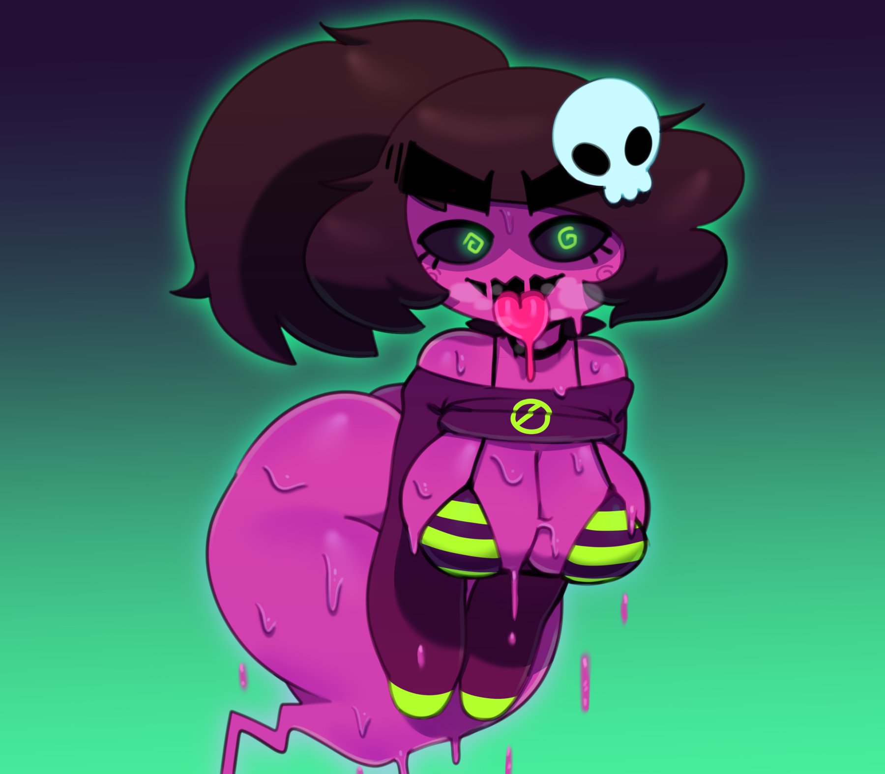 ass, big ass, big breasts, bikini, breasts, brown hair, cleavage, female, ghost, goo creature, monster girl, original character, pink skin, slime girl, somescrub, spiral eyes, thick thighs, tongue, tongue out