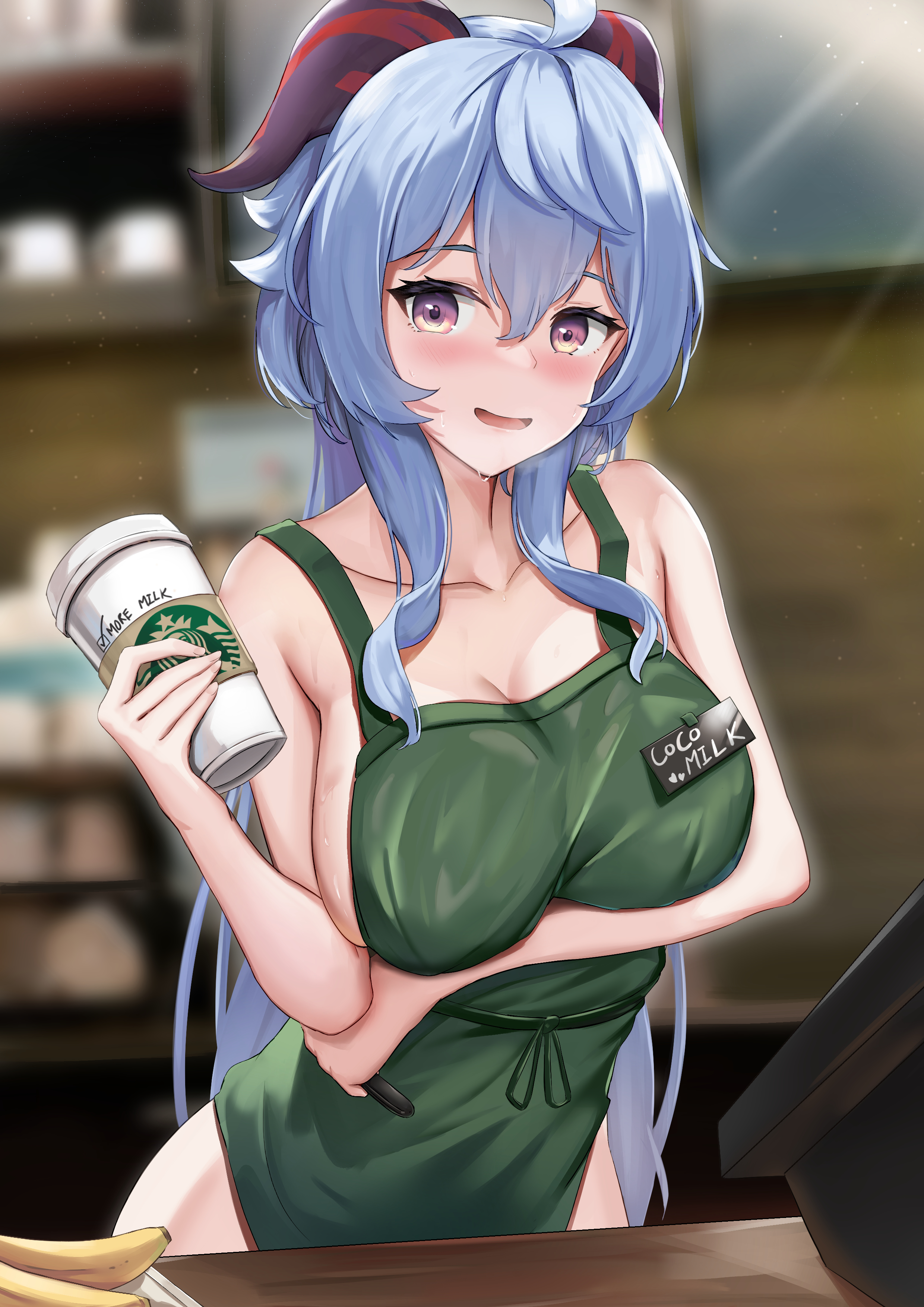 1girls, apron, blush, breasts, cafe, cash register, cleavage, coffee, drink, female, female only, ganyu (genshin impact), genshin impact, horn, iced latte with breast milk, large breasts, meme, naked apron, skai kun, smile, starbucks