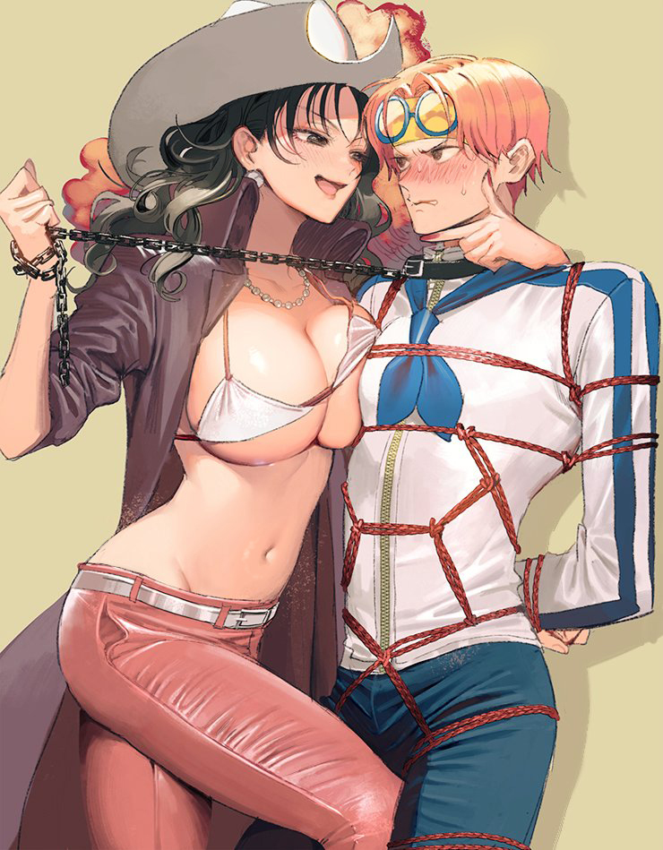 alvida big_breasts black_hair blush bondage bra chains collar earrings female female_domination femdom glasses hat huge_breasts koby_(one_piece) male male/female malesub necklace nori31291404 older_female older_woman_and_younger_boy one_piece pink_hair restrained straight_hair submissive tied_hands tied_up younger_male