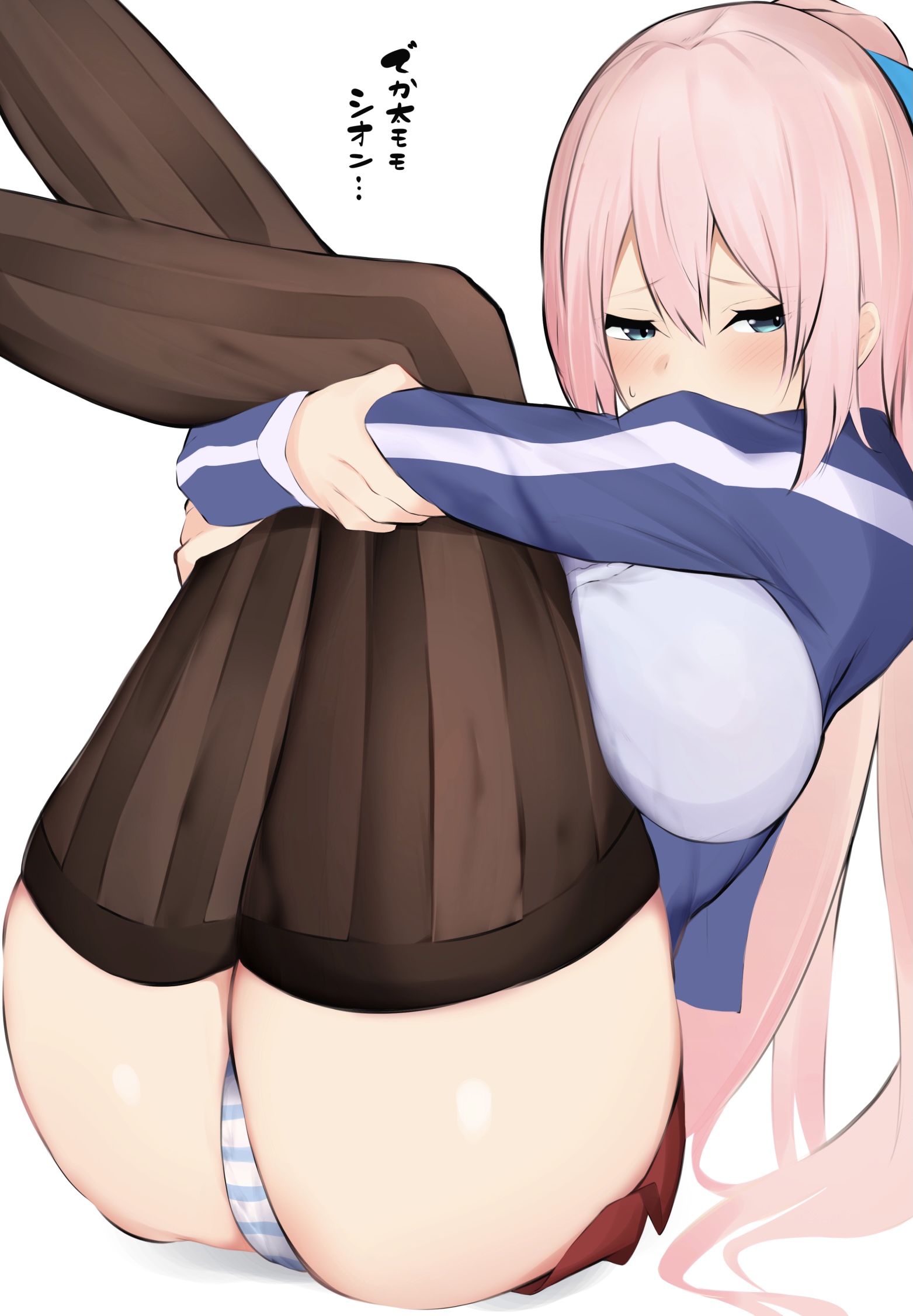 alternative costume, ass, blue eyes, blue jacket, blue ribbon, bow, breasts, brown legwear, clothing, feet out of frame, female, hair between eyes, hair ornament, hair ribbon, hairbow, high resolution, hugging own legs, jacket, large breasts, legs up, legwear, long hair, long sleeves, looking away, multicolored, multicolored clothes, multicolored jacket, narusan beam2, pantsu, pink hair, pleated skirt, red skirt, ribbon, shionne (tales), simple background, sitting, skirt, solo, striped, striped legwear, striped panties, striped underwear, sweatdrop, tales of (series), tales of arise, thighhighs, track jacket, translated, two-tone jacket, underwear, very long hair, white background, white jacket