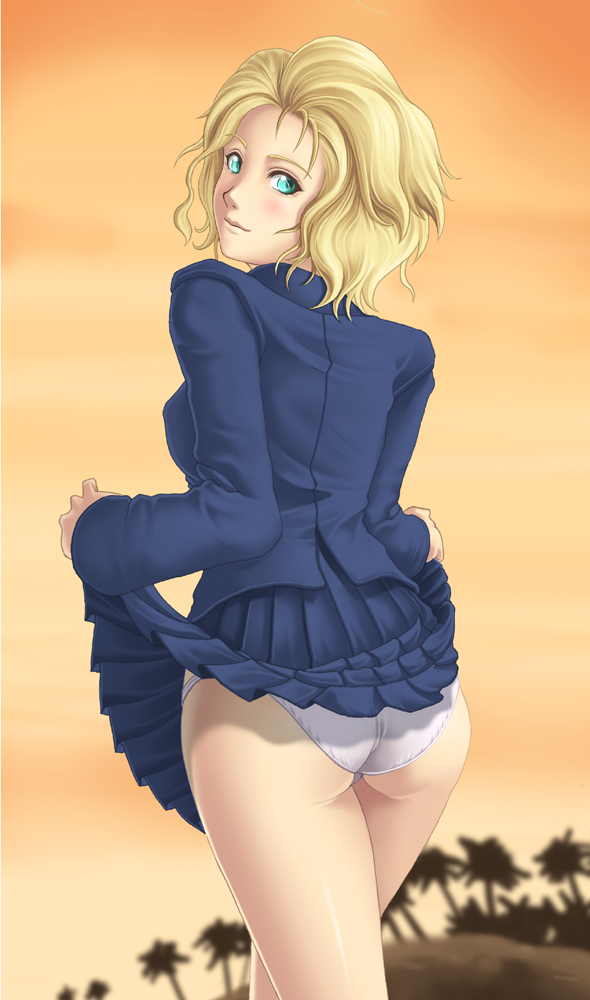 1girls, 2d, 2d (artwork), ass, blonde hair, blue eyes, breasts, bushy hair, deep rising, female, female focus, female only, flashing, flashing panties, human, light skin, light-skinned female, medium hair, metal gear solid, panties, paz ortega andrade, school uniform, schoolgirl, short blonde hair, short hair, skirt lift, skirt up, small breasts, solo, solo female, teasing, thighs, thor (deep rising), underwear, wavy hair
