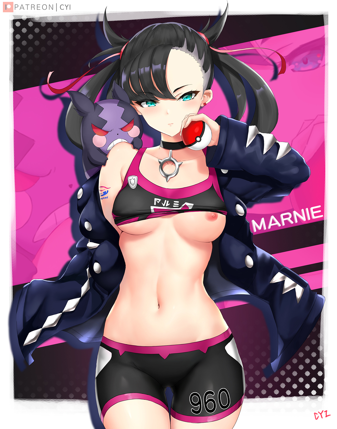 asymmetrical hair, bare shoulders, black choker, black hair, black jacket, blush, bottomless, bra, breast slip, breasts, choker, closed mouth, cowboy shot, cyicheng, earrings, eyebrows visible through hair, female, female only, green eyes, gym clothes, hair between eyes, hair ornament, high resolution, holding, holding object, jacket, jewelry, long hair, looking at viewer, marnie (pokemon), medium breasts, navel, nipple slip, nipples, nude, nude female, open clothes, open jacket, open shirt, patreon username, pokemon, pokemon ss, shirt, shirt lift, solo, spats, sports bra, sports uniform, standing, tattoo, thigh gap, thighs, tied hair, twintails, underboob, underwear