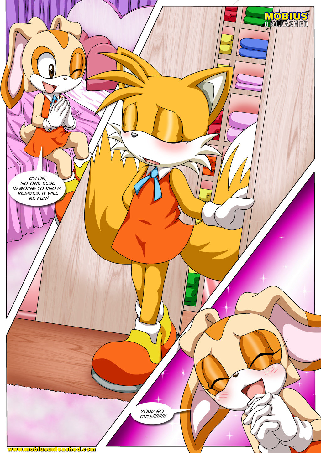1boy, 1girls, anthro, anthro on anthro, bbmbbf, bed, bedroom, blush, clothed, comic, cream the rabbit, crossdressing, crossdressing male, dress, english text, female, femboy, fox, girly, gloves, lagomorph, male, mammal, miles prower, mobius unleashed, palcomix, rabbit, sega, shoes, socks, sonic (series), tails, tails the fox, young