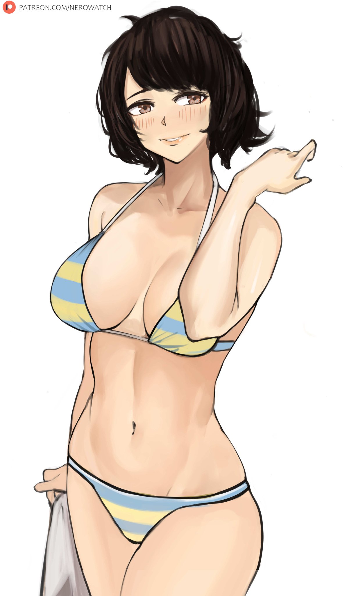 bikini, bikini bottom, bikini top, blush, breasts, female, female focus, female only, light skin, light-skinned female, nero watch, persona, persona 5, sadayo kawakami, sadayo kawakami (swimsuit), shin megami tensei, short hair, smile, solo female, swimsuit, swimwear, thighs