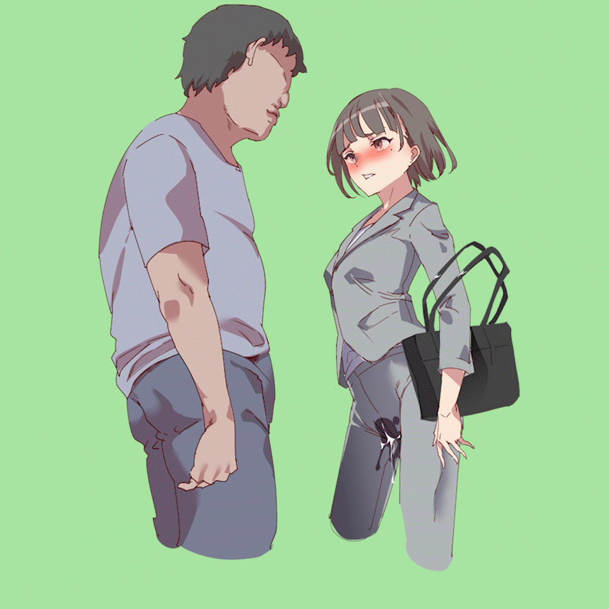 1boy, 1girls, animated, animated gif, ass, ass grab, breasts, brown hair, business suit, business woman, cum, dark-skinned male, fat male, female, fondle, gif, leaking, leaking cum, male, nyuu (manekin-eko), office lady, original, penis, secretary, slideshow, straight, touching penis