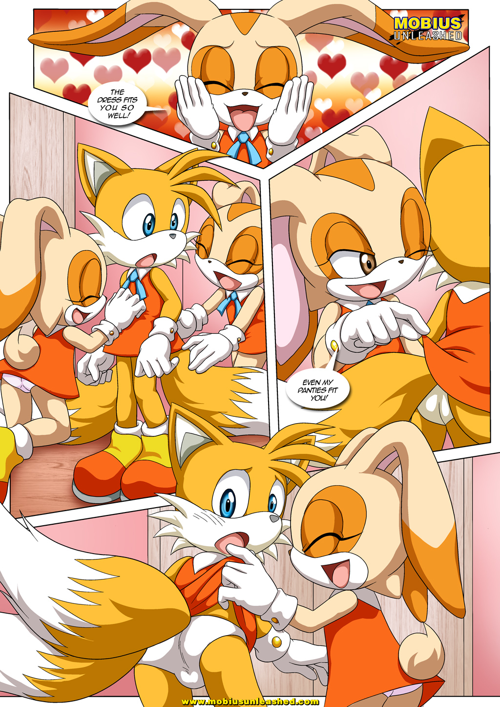 1boy, 1girls, anthro, anthro on anthro, bbmbbf, comic, cream the rabbit, crossdressing, crossdressing male, english text, female, femboy, fox, girly, gloves, lagomorph, male, mammal, miles prower, mobius unleashed, palcomix, panties, rabbit, sega, shoes, socks, sonic (series), tails, tails the fox, upskirt, white panties, young