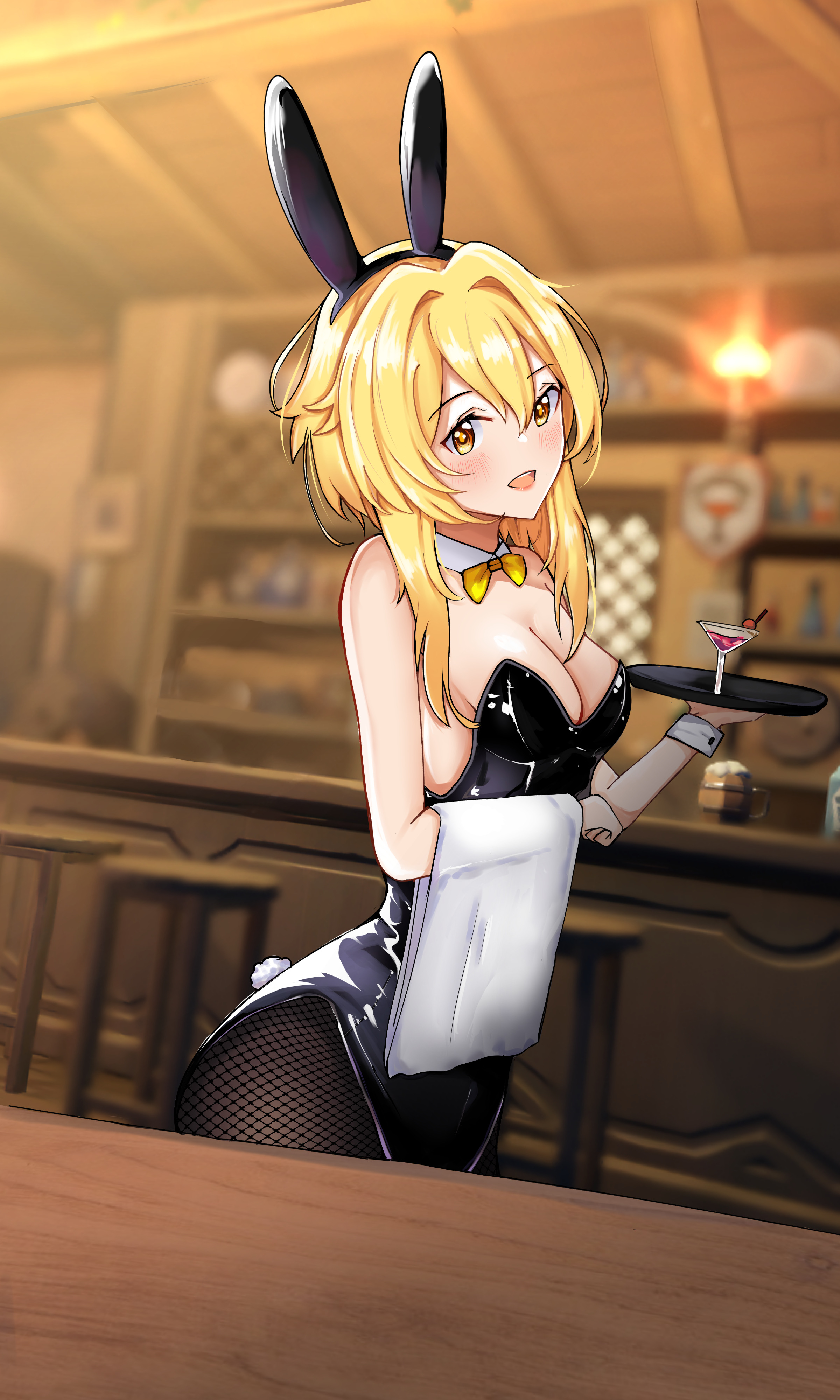 1girls, blonde hair, blush, breasts, bunny ears, bunny girl, bunny tail, bunnysuit, cleavage, female, fishnets, genshin impact, jasonluvs2draw, lumine (genshin impact), yellow eyes