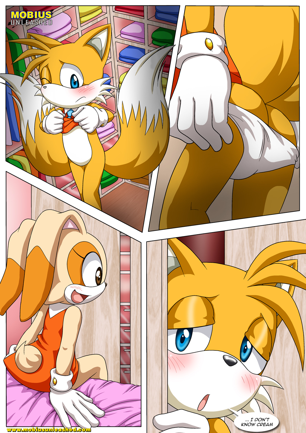 1boy, 1girls, anthro, anthro on anthro, bbmbbf, bed, bedroom, blush, clothed, comic, cream the rabbit, crossdressing, crossdressing male, dress, english text, female, femboy, fox, girly, gloves, lagomorph, male, mammal, miles prower, mobius unleashed, palcomix, panties, rabbit, sega, socks, sonic (series), tails, tails the fox, white panties, young