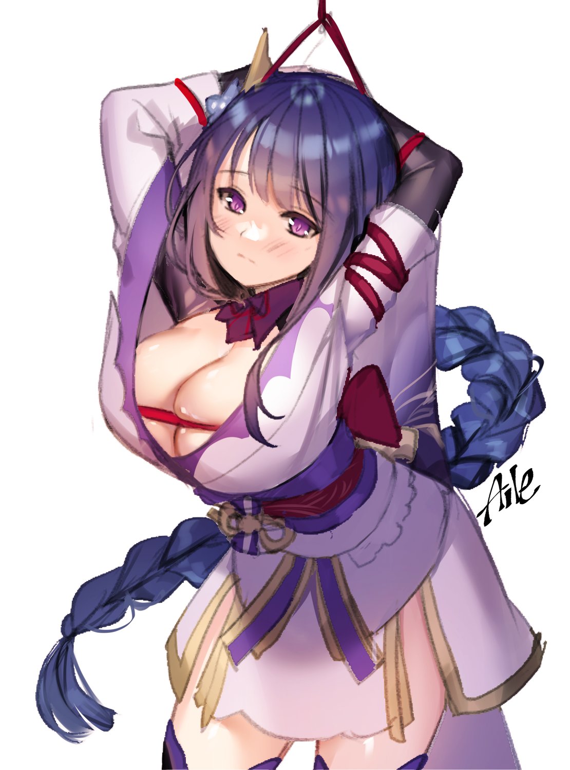 aile0824, big breasts, blush, bondage, breasts, female, genshin impact, japanese clothes, purple eyes, purple hair, raiden shogun, rope, rope bondage, thighs, tied up