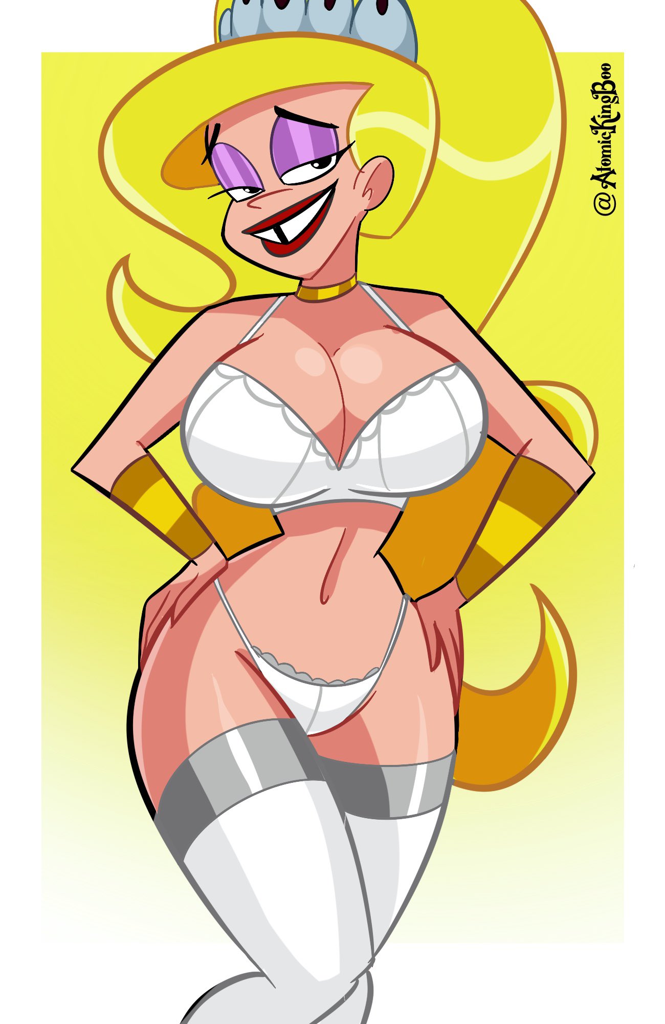 1girls, 2021, artist name, ass, atomickingboo, big breasts, blonde hair, bra, breasts, bubble ass, bubble butt, cartoon network, curvy, eris (billy and mandy), fat ass, female, female only, god, goddess, gradient background, greek mythology, happy female, horny female, human, large ass, large butt, light skin, light-skinned female, lipstick, makeup, mature, mature female, mythology, red lipstick, solo, standing, the grim adventures of billy and mandy, thick, thick ass, thick thighs, tiara, tooth gap, warner bros, warner brothers, wide hips, yellow background, yellow theme