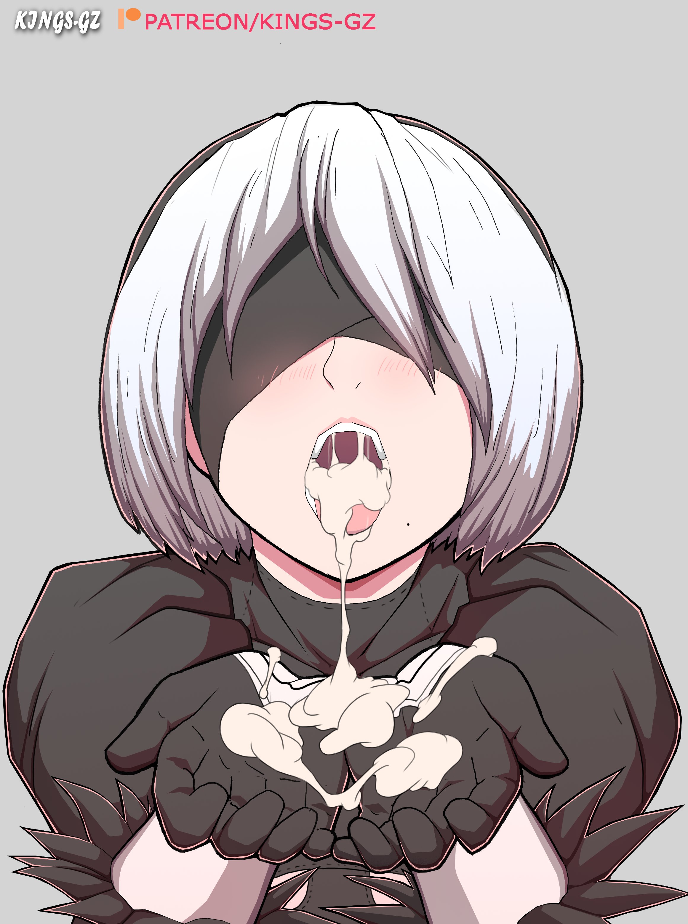 1girls, after oral, cock hungry, cum in mouth, cum on tongue, cupping hands, female, female focus, female only, kings-gz, male, nier (series), nier: automata, oral, penis, presenting mouth, tongue, tongue out, yorha 2b