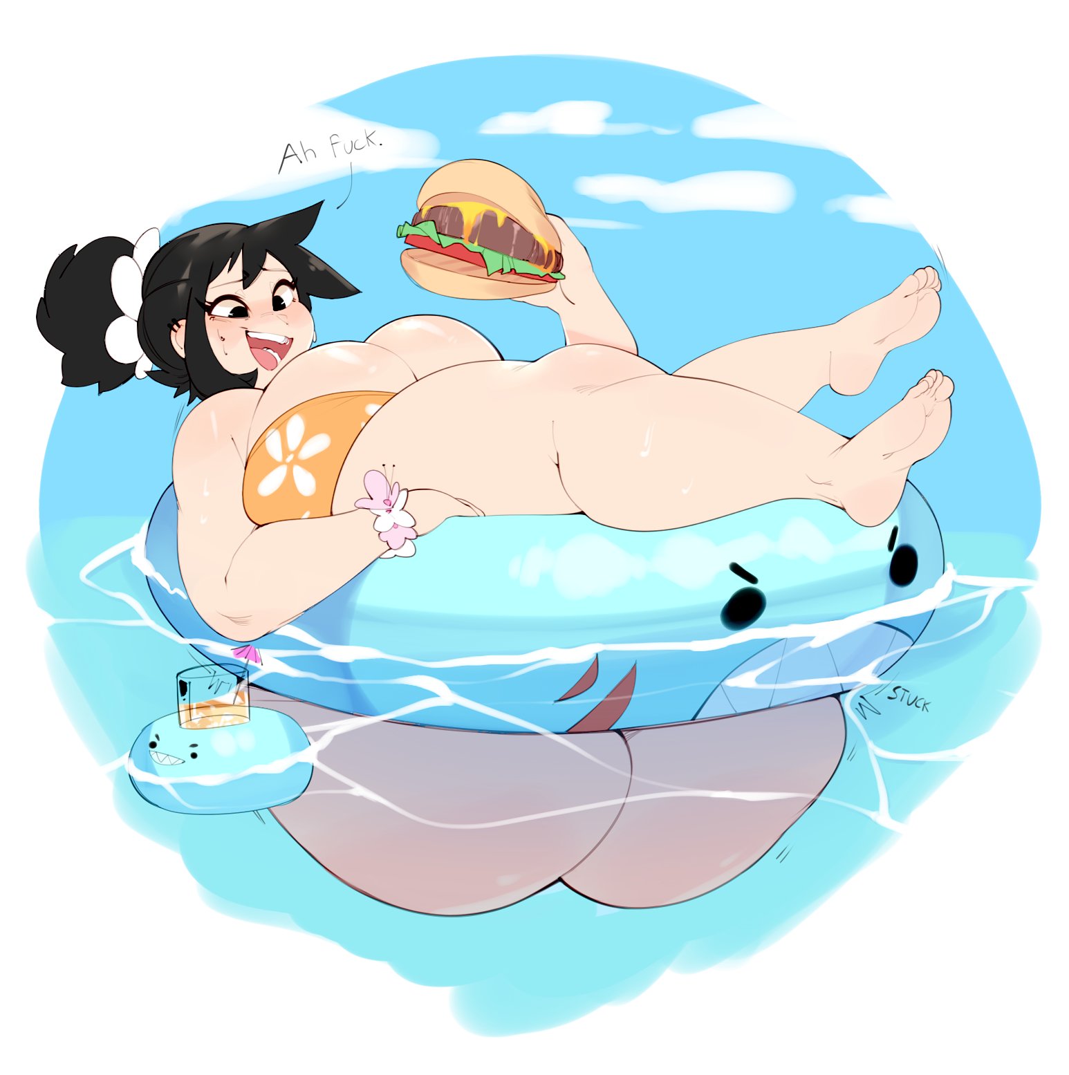 1girls, ass, big ass, big breasts, breasts, bulumble-bee, female, female only, food, hamburger, holding food, huge ass, huge breasts, innertube, mizuki (bulumble-bee), open mouth, tagme, thick ass, water