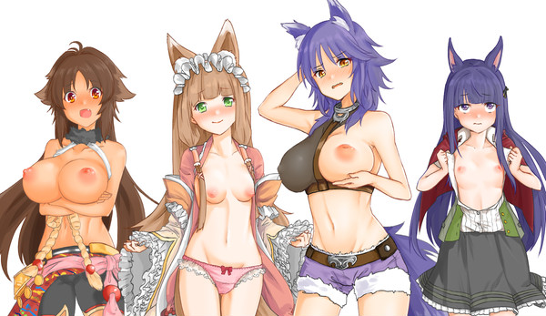 4girls aki_makoto breast_size_difference breasts himemiya_maho kaori_(princess_connect!) kasumi_(princess_connect!) kirihara_kasumi kyan_kaori large_breasts maho_(princess_connect!) makoto_(princess_connect!) multiple_girls nipples princess_connect! princess_connect!_re:dive small_breasts wolf_ears wolf_tail