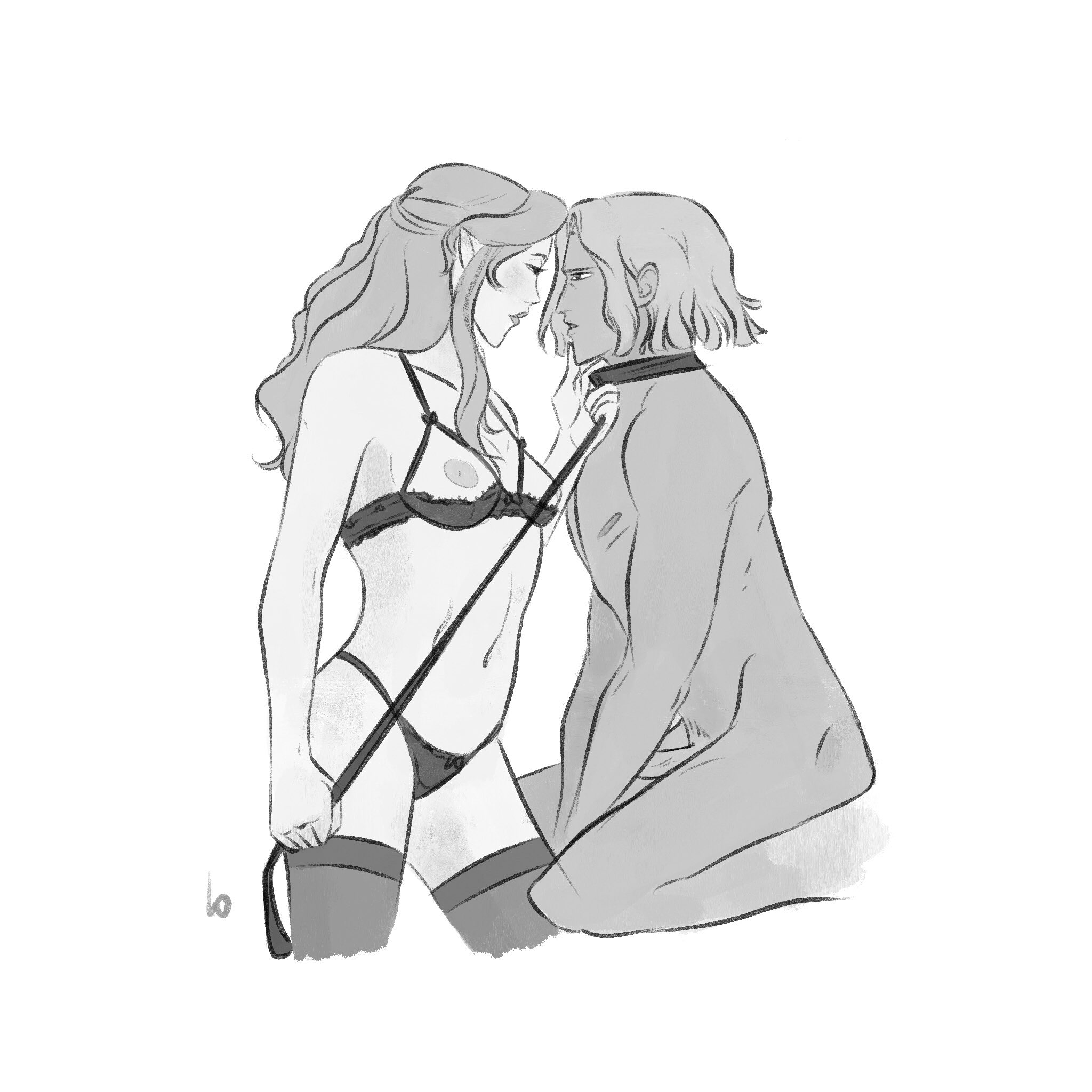 breasts, castlevania, castlevania (netflix), erection, female, femdom, fingers on chin, hector (castlevania), leash and collar, leash pull, lenore (castlevania), lingerie, lophilia spicy, male, malesub, monochrome, submissive male, thighhighs, vampire