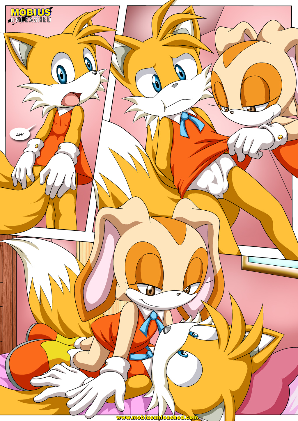 anthro, anthro on anthro, bbmbbf, bed, bulge, comic, cream the rabbit, crossdressing, crossdressing male, dress, english text, erection in panties, erection under clothes, female, female on top, femboy, fox, girly, gloves, lagomorph, male, male on bottom, mammal, mobius unleashed, palcomix, panties, rabbit, sega, shoes, socks, sonic (series), tails, tails the fox, upskirt, white panties, young