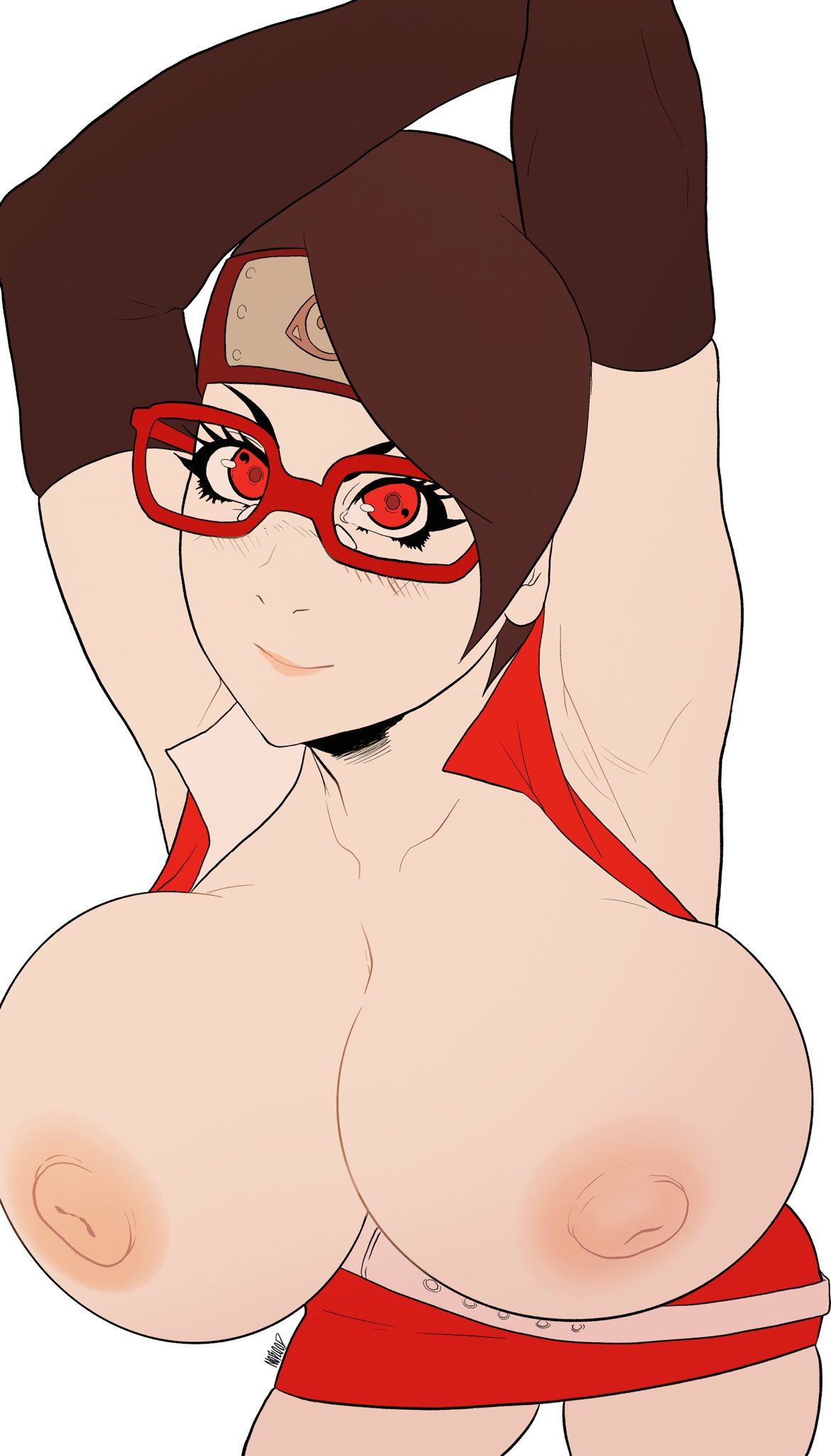 1girls, alternate breast size, alternate version available, areolae, armpit fetish, armpits, arms above head, arms up, armwear, belt, big breasts, black hair, boruto: naruto next generations, breasts, breasts out, busty, clothed, clothing, dress, elbow gloves, erect nipples, female, female only, glasses, huge breasts, human, large areolae, large breasts, light skin, light-skinned female, looking at viewer, naruto, naruto (series), nipples, no bra, noblood, open clothes, pale skin, pale-skinned female, pink lips, pink nipples, pinup, red eyes, sarada uchiha, sharingan, short dress, short hair, shounen jump, simple background, skimpy, skimpy clothes, skimpy dress, solo, teenager, thighs, voluptuous