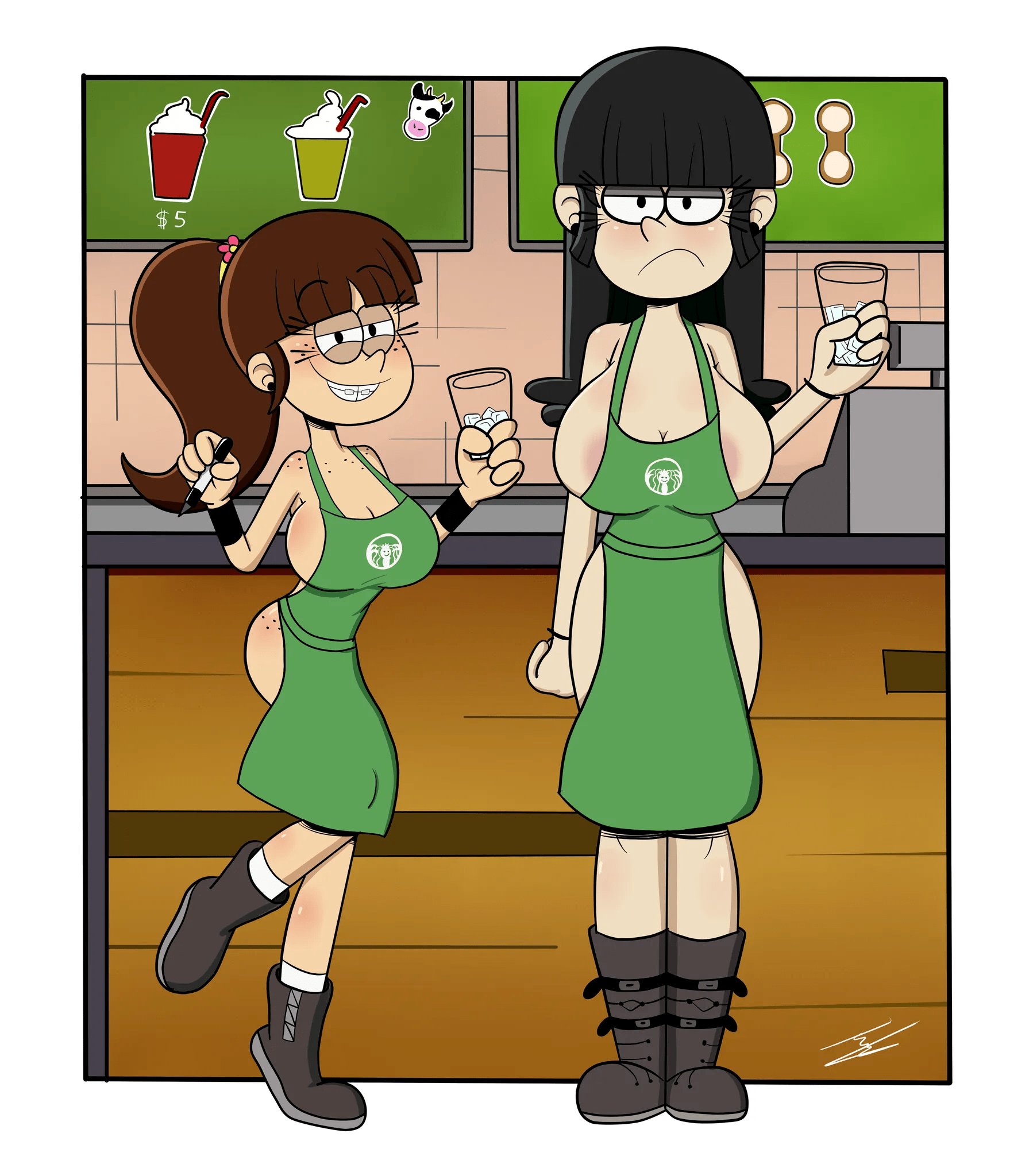 2girls, background character, big breasts, black hair, breasts, brown hair, emo girl, female, iced latte with breast milk, long hair, maggie (the loud house), meme, multiple females, multiple girls, pale skin, starbucks, the loud house