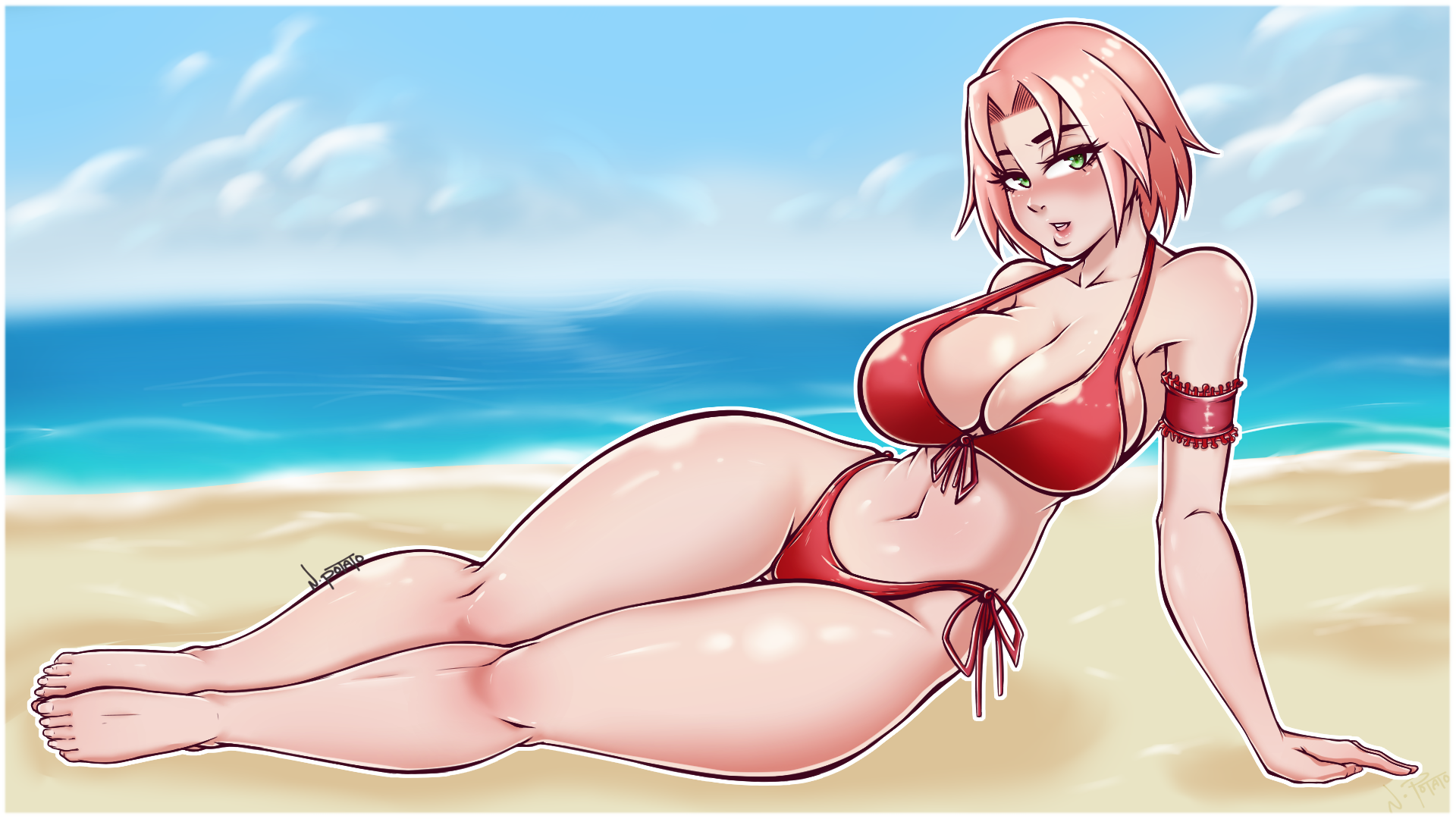 1girls, armwear, bare legs, bare shoulders, barefoot, beach, bedroom eyes, big breasts, bikini, bikini bottom, bikini top, blush, bob cut, boruto: naruto next generations, breasts, busty, cleavage, clothed, clothing, feet, feet together, female, female only, green eyes, hourglass figure, human, large breasts, legs, legs together, light skin, light-skinned female, looking at viewer, medium hair, milf, naruto, naruto (series), naruto shippuden, naruto: the last, neon potato, nose piercing, ocean, outdoors, outside, pale skin, pale-skinned female, partially clothed, pink hair, pinup, pose, posing, red bikini, red panties, red swimsuit, red thong, sakura haruno, seductive, seductive eyes, seductive look, shoulder length hair, shounen jump, solo, swimsuit, thick thighs, thighs, thong, toes, voluptuous, wide hips