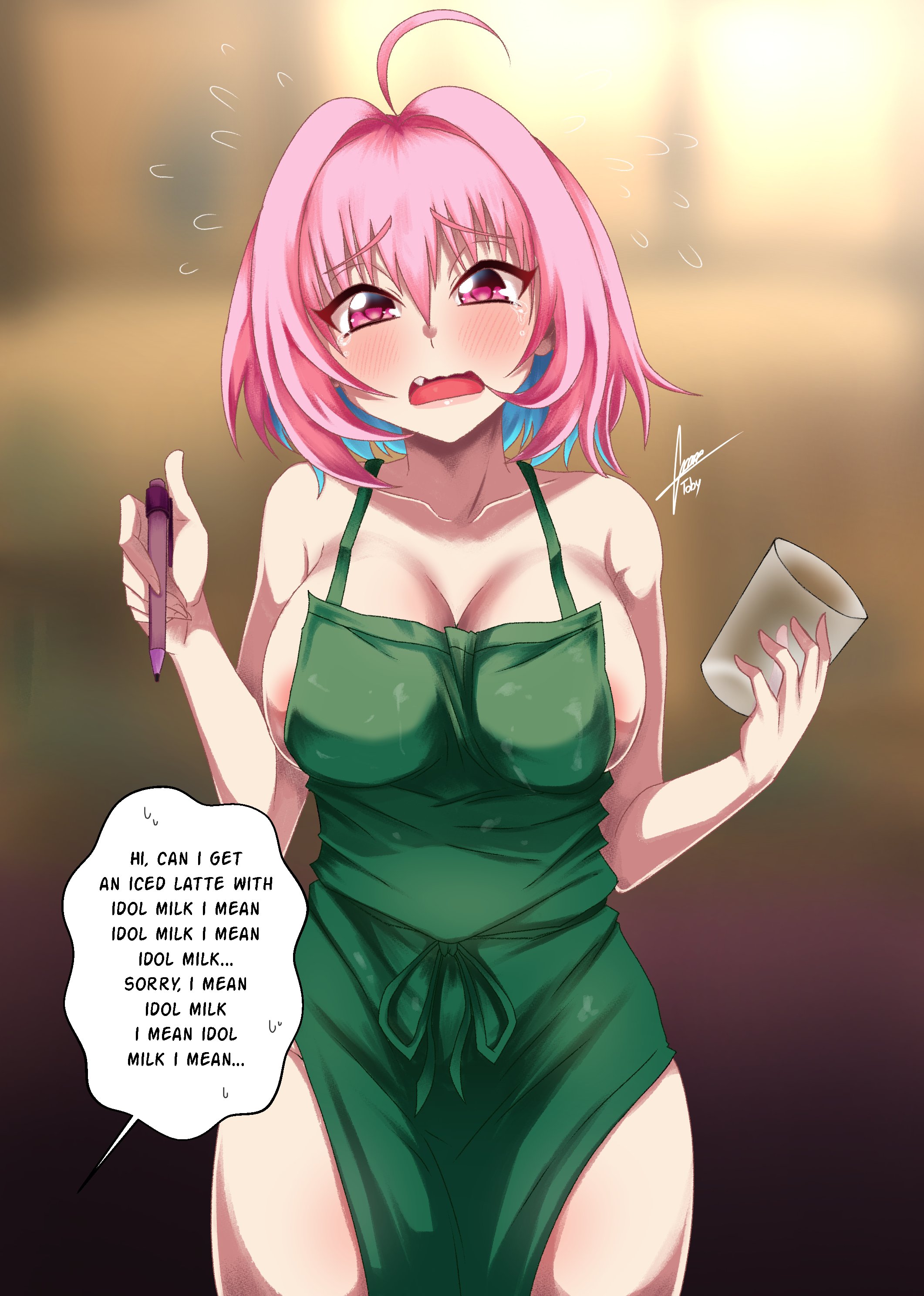 1girls, big breasts, breasts, english text, female, iced latte with breast milk, idolmaster, idolmaster cinderella girls, meme, nervous, nervous sweat, pink eyes, pink hair, text, text bubble, tobyllitos, yumemi riamu