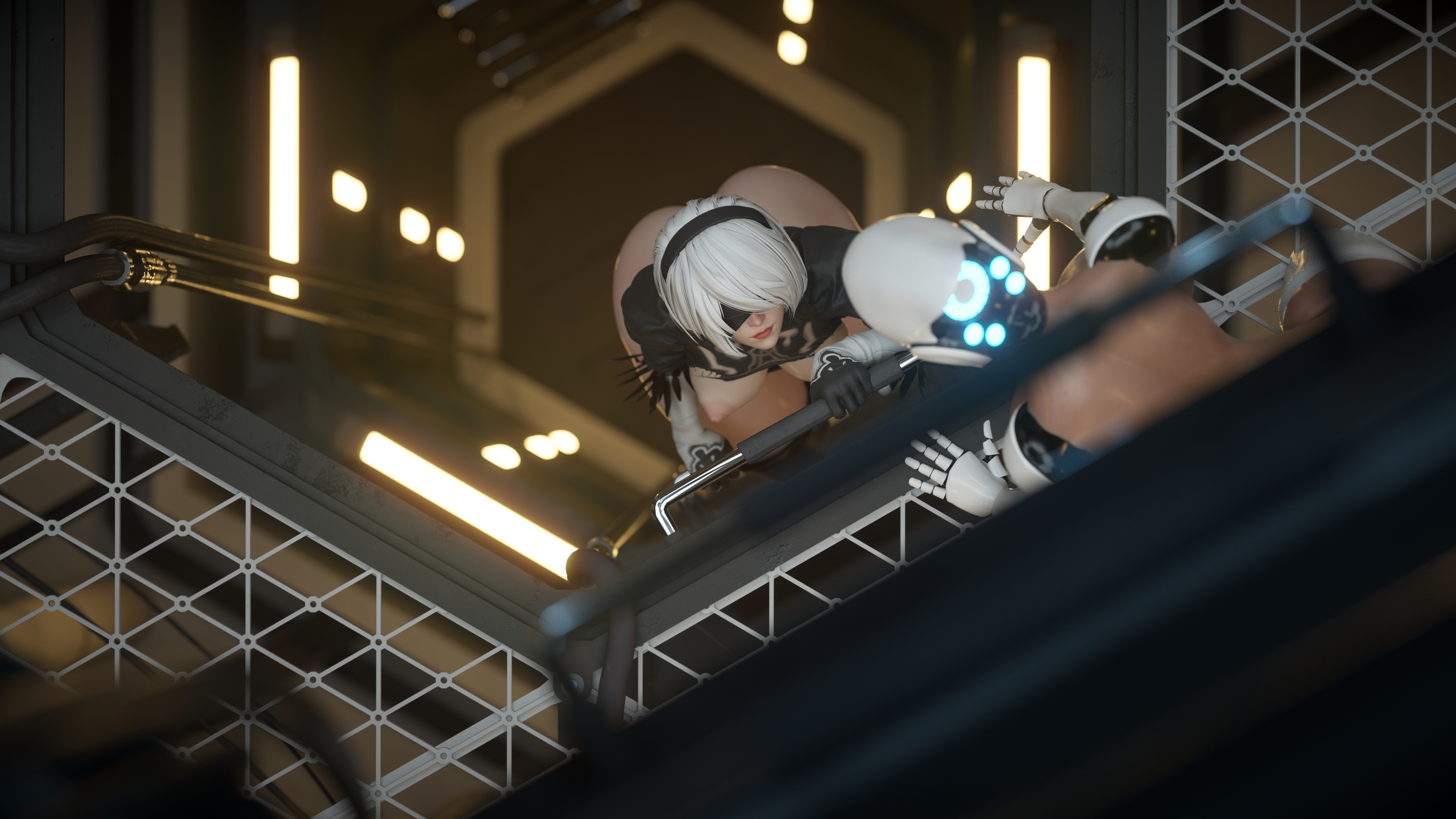 2girls, 3d, 4k, absurdres, android, ass, blender, comic, crossover, female, female only, haydee, haydee (game), highres, huge ass, icedev, nier, nier: automata, white hair, yorha 2b